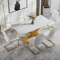 Table And Chair Set, The Table Is Equipped With A Marble Patterned Mdf Tabletop And Gold Table Legs.Dining Chairs,Gold Legged Upholstered Chairs Made Of Artificial Leather. Gold White Seats 6 Mdf