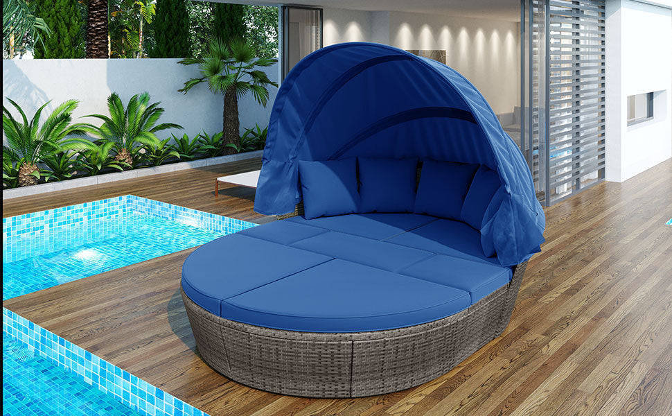 Outdoor Rattan Daybed Sunbed With Retractable Canopy Wicker Furniture, Round Outdoor Sectional Sofa Set, Gray Wicker Furniture Clamshell Seating With Washable Cushions, Backyard, Porch, Blue Yes Blue Seats 8 Garden & Outdoor Foam Wicker