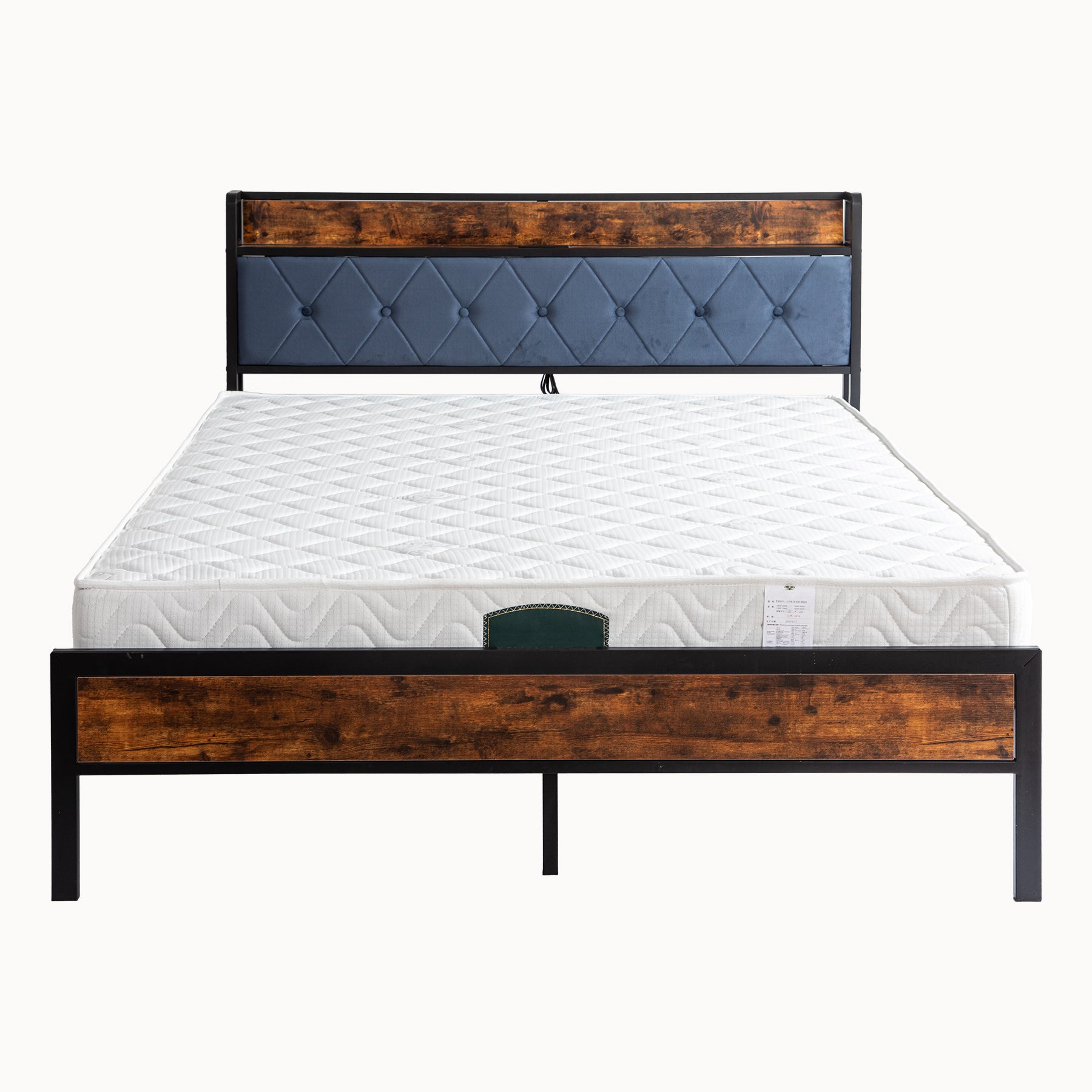 Black Full Metal Bed Frame With Upholstered Headboard And Footboard And Iron Slats, Rustic Bed Base, Heavy Duty Platform Bed Frame,12 Inch Underbed Storage No Springs Required Box Spring Required Full Black Dark Walnut Metal Brown Bedroom