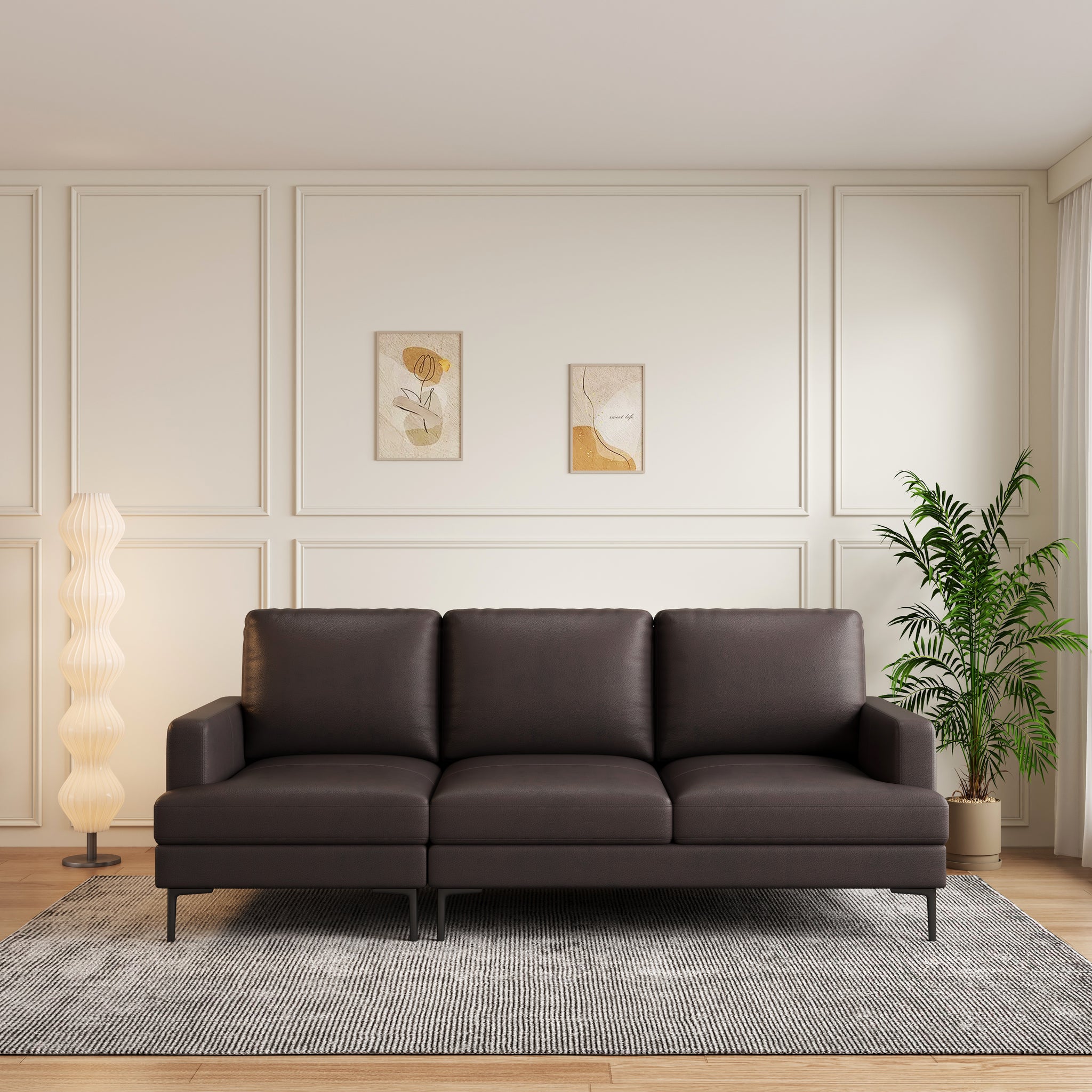 77" Brown Luxury Genuine Leather Match Contemporary Sofa With Usb Charger,3 Seats Comfy Coach For Living Room Home Office Dark Brown Wood Primary Living Space American Design Foam Genuine Leather 3 Seat