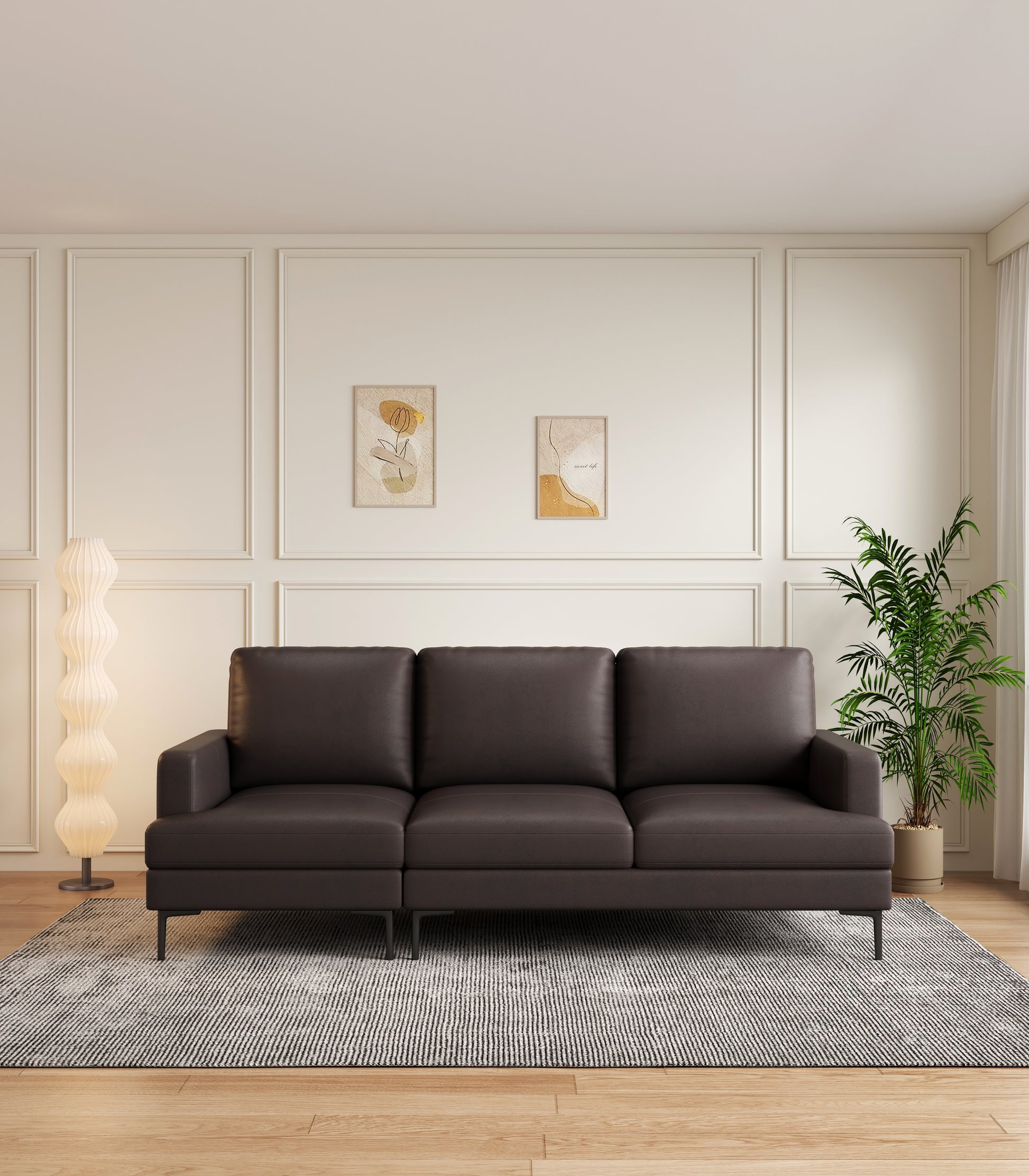 77" Brown Luxury Genuine Leather Match Contemporary Sofa With Usb Charger,3 Seats Comfy Coach For Living Room Home Office Dark Brown Wood Primary Living Space American Design Foam Genuine Leather 3 Seat