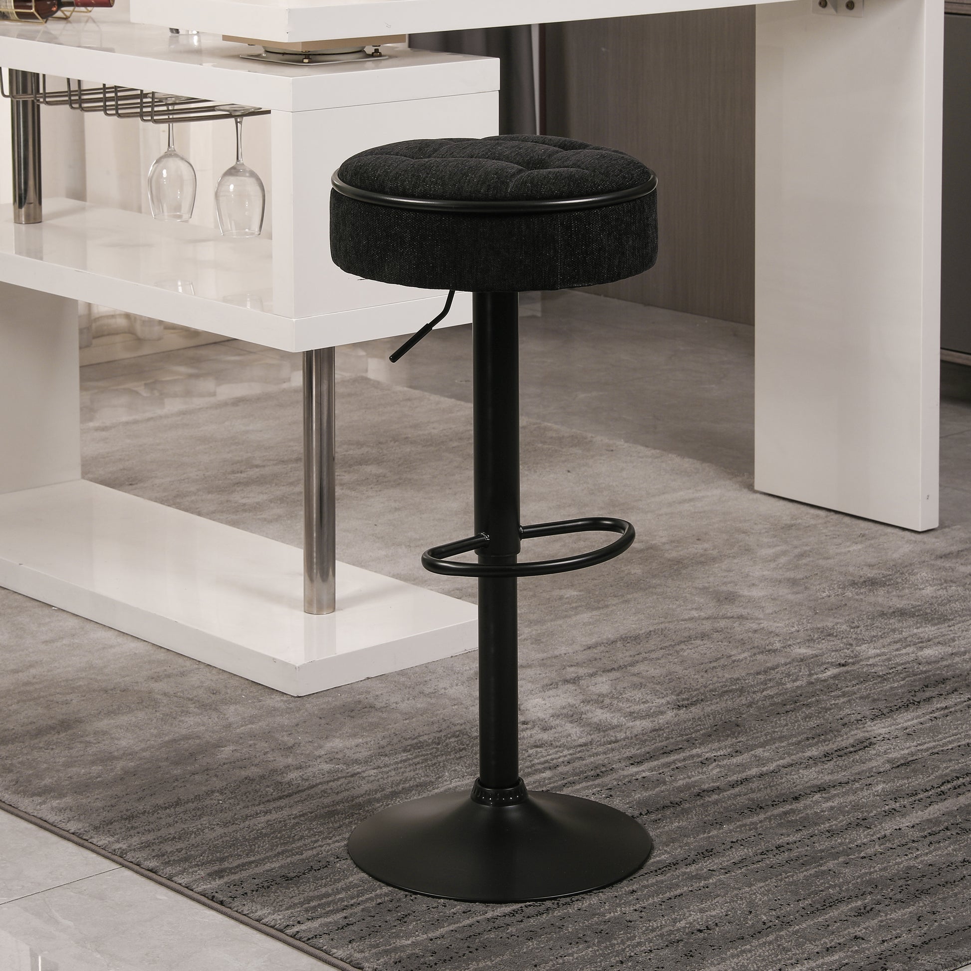 Round Storage Bar Stool Set Of 2, Black Linen Height Adjustable Barstool, 360 Counter Height Swivel Stool, Armless Bar Chair With Metal Frame For Kitchen Counter Dining Living Room Black Set Of 2 Foam Linen