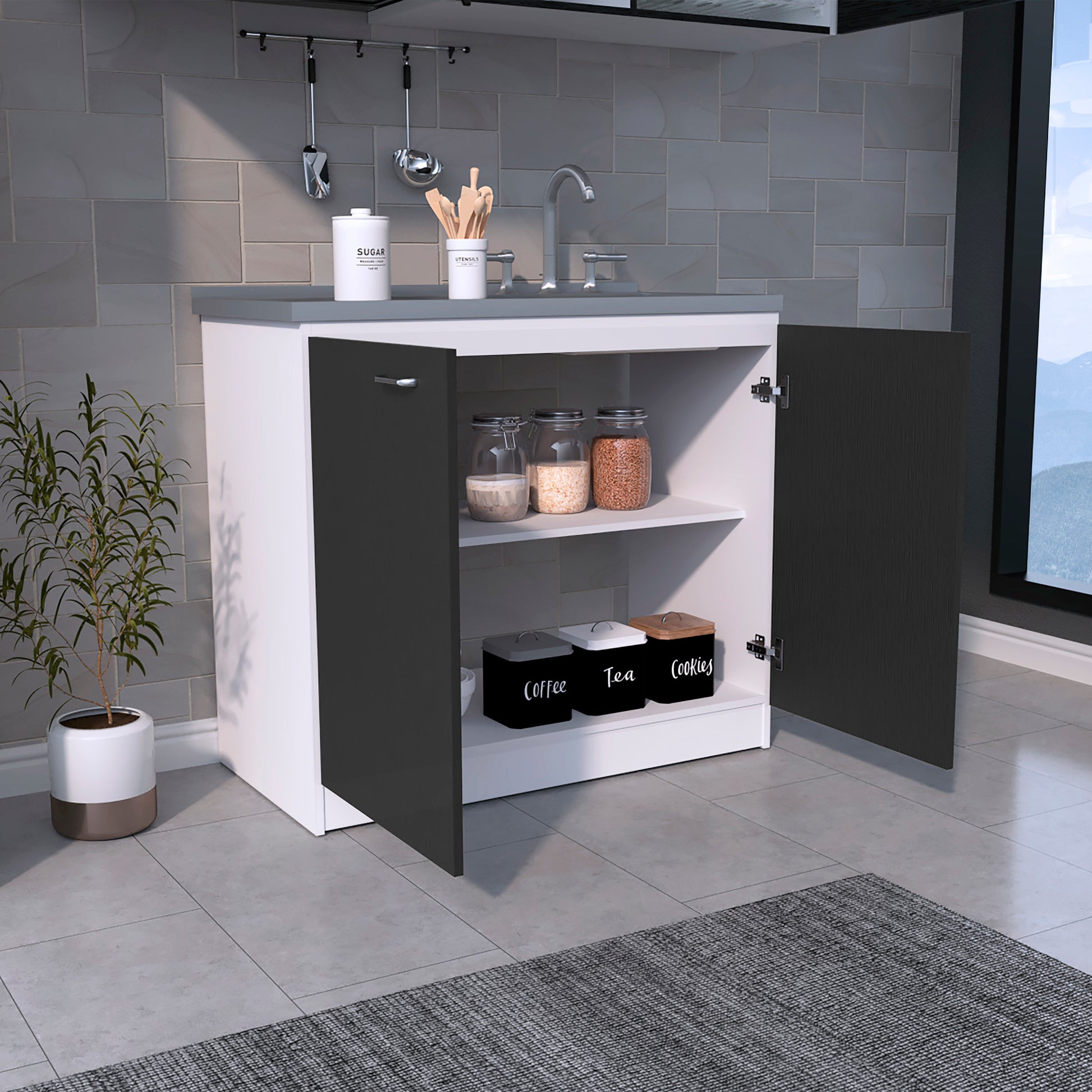 Freestanding Sink, Double Door Cabinet, Two Shelves, White Black Multicolor Solid Wood Mdf Engineered Wood