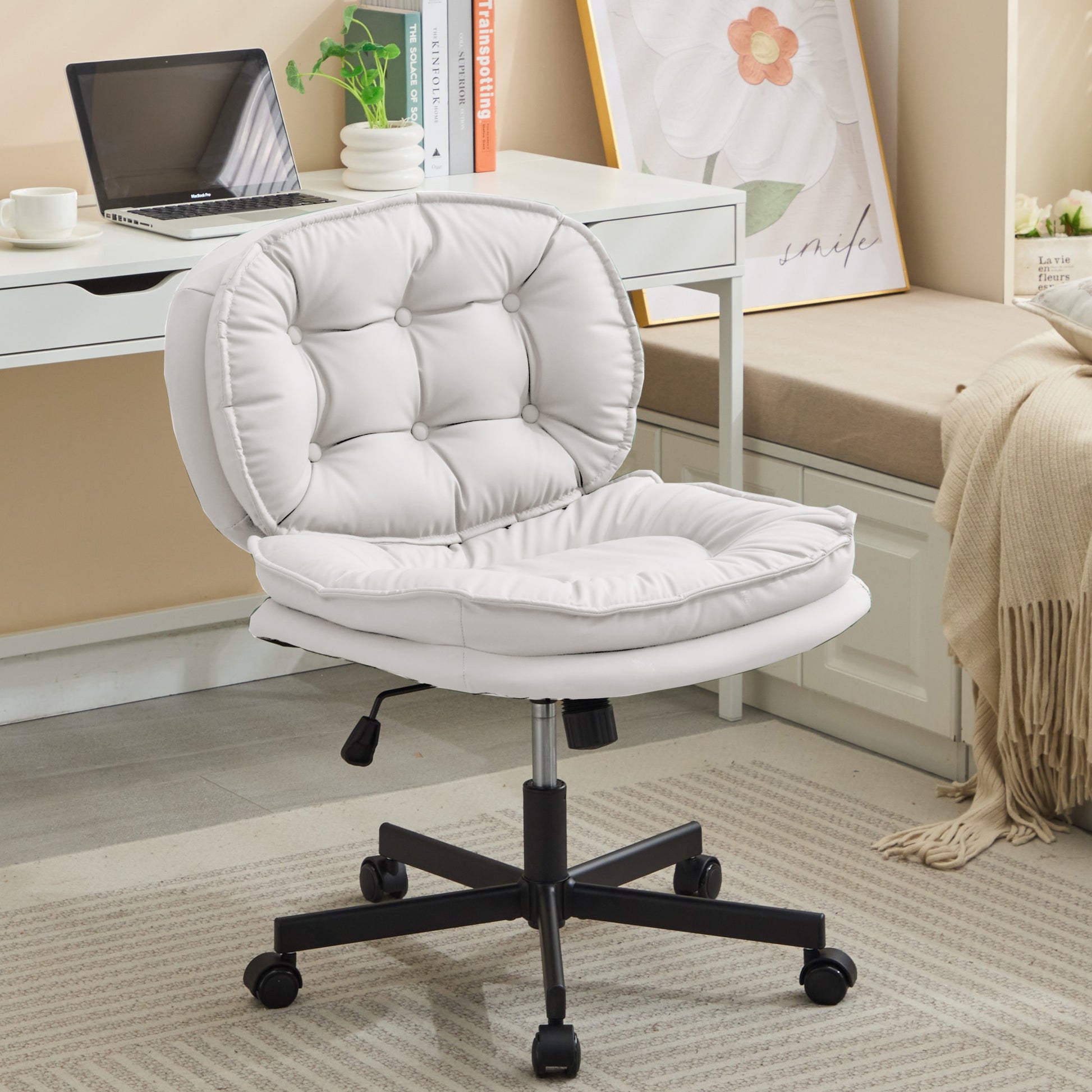 Armless Office Desk Chair With Wheels: Pu Leather Cross Legged Wide Chair,Comfortable Adjustable Swivel Computer Task Chairs For Home,Office,Make Up,Small Space,Bed Room Creamy White Antique Fiber Foam And Polyester Fiber Pad Pvc