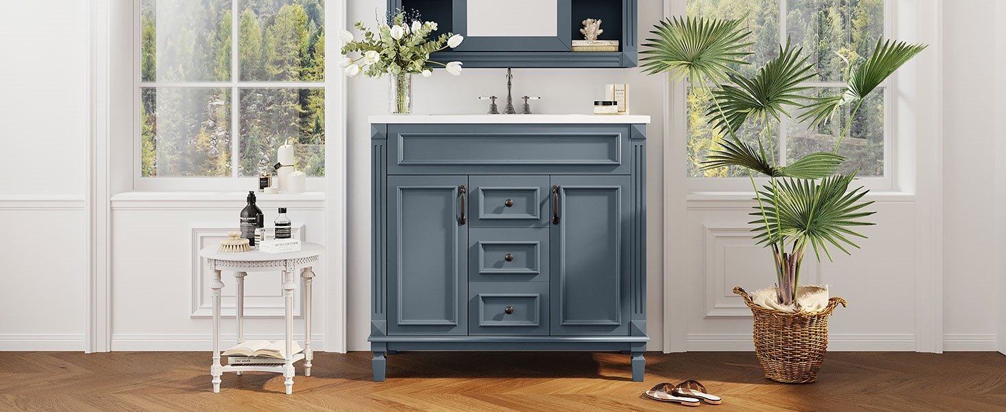 36'' Bathroom Vanity With Top Sink, Modern Bathroom Storage Cabinet With 2 Soft Closing Doors And 2 Drawers, Single Sink Bathroom Vanity Blue Mdf