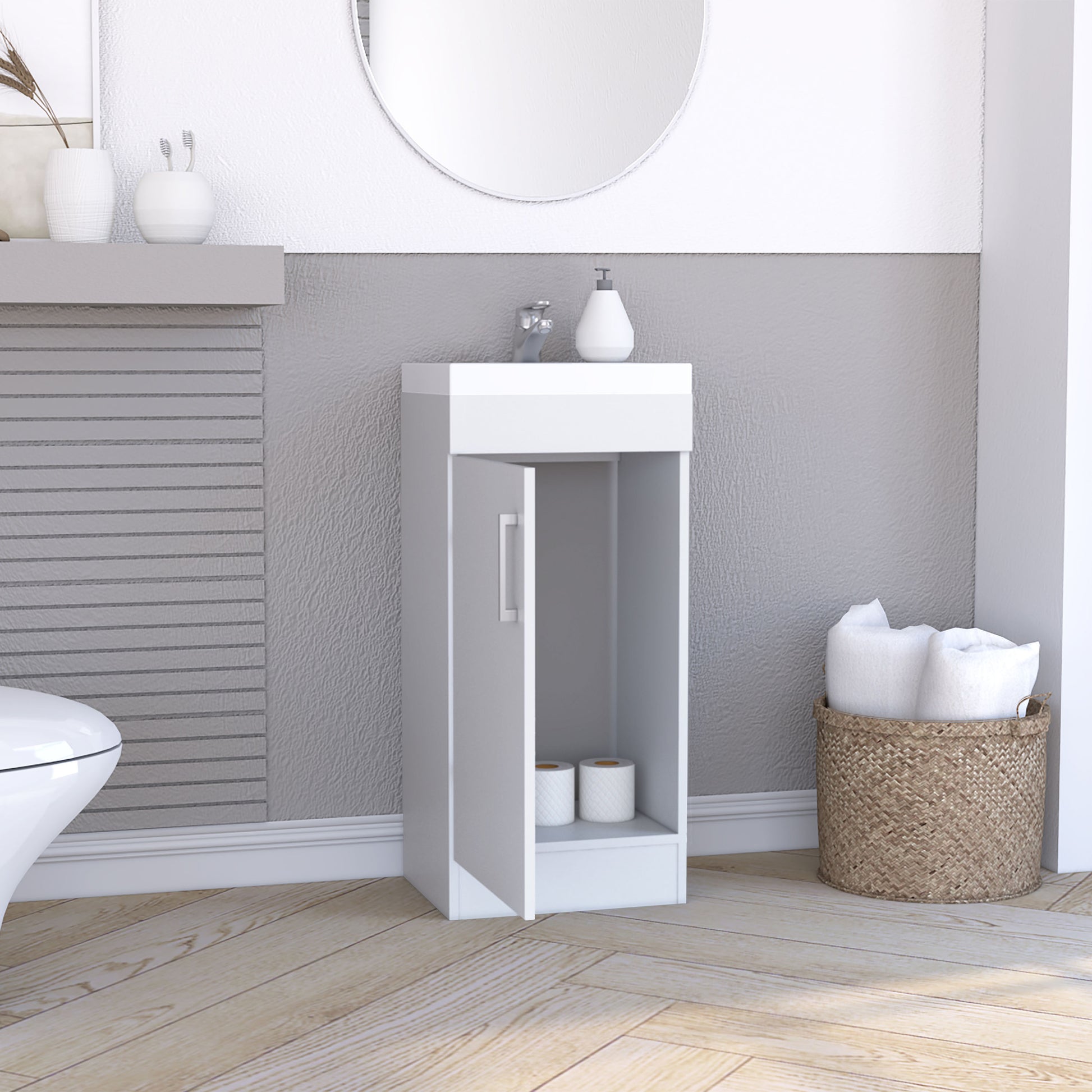 Madrid 16" Bathroom Vanity Single Door, Resin Sink And Faucet White White Bathroom Modern Particle Board