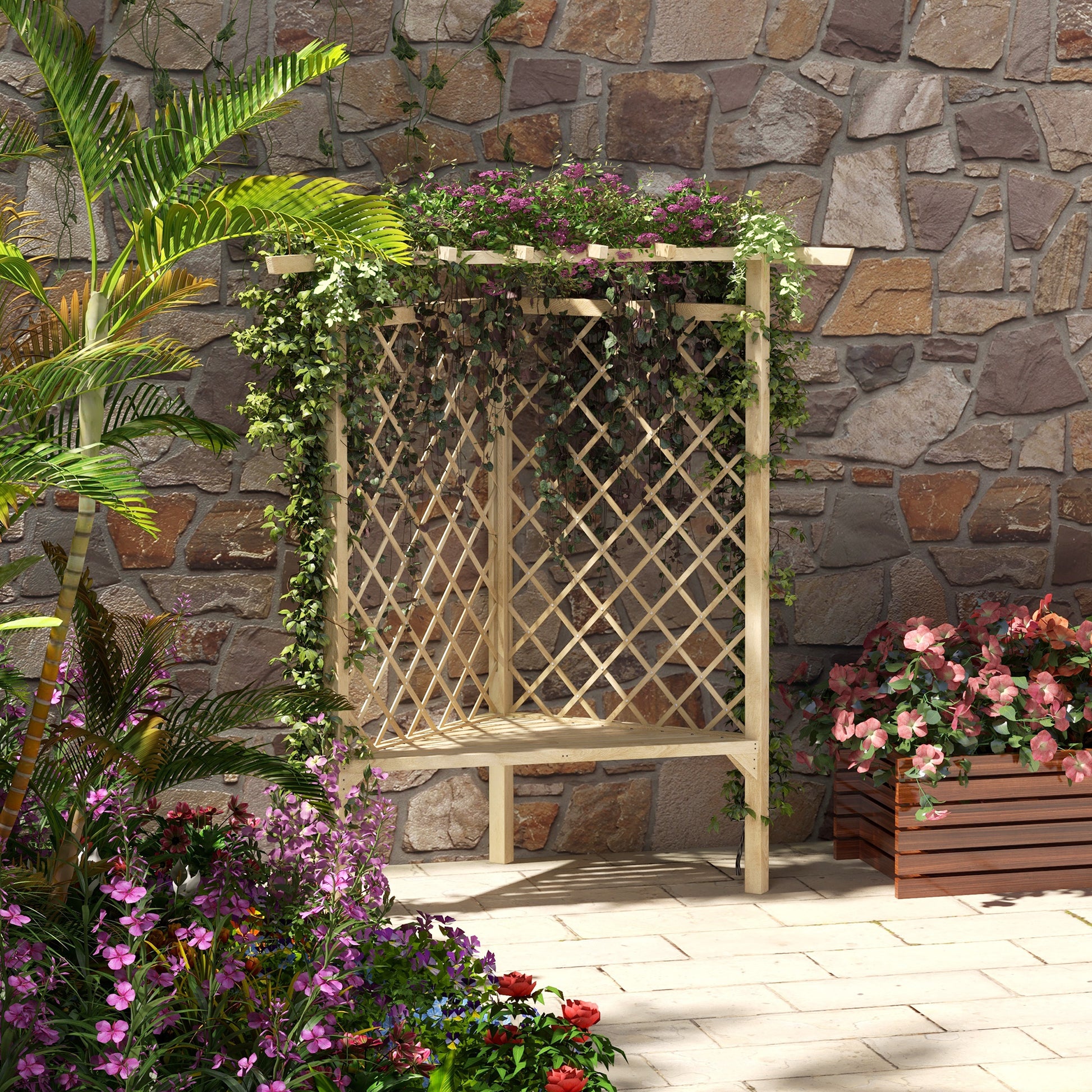 Outsunny 55" Garden Benches For Outdoors, Wooden Park Benches For Outside With Slatted Seat, Front Ponch With Screen Backrest, Climbing Vine, For Lawn, Park, Deck, Natural Natural Wood