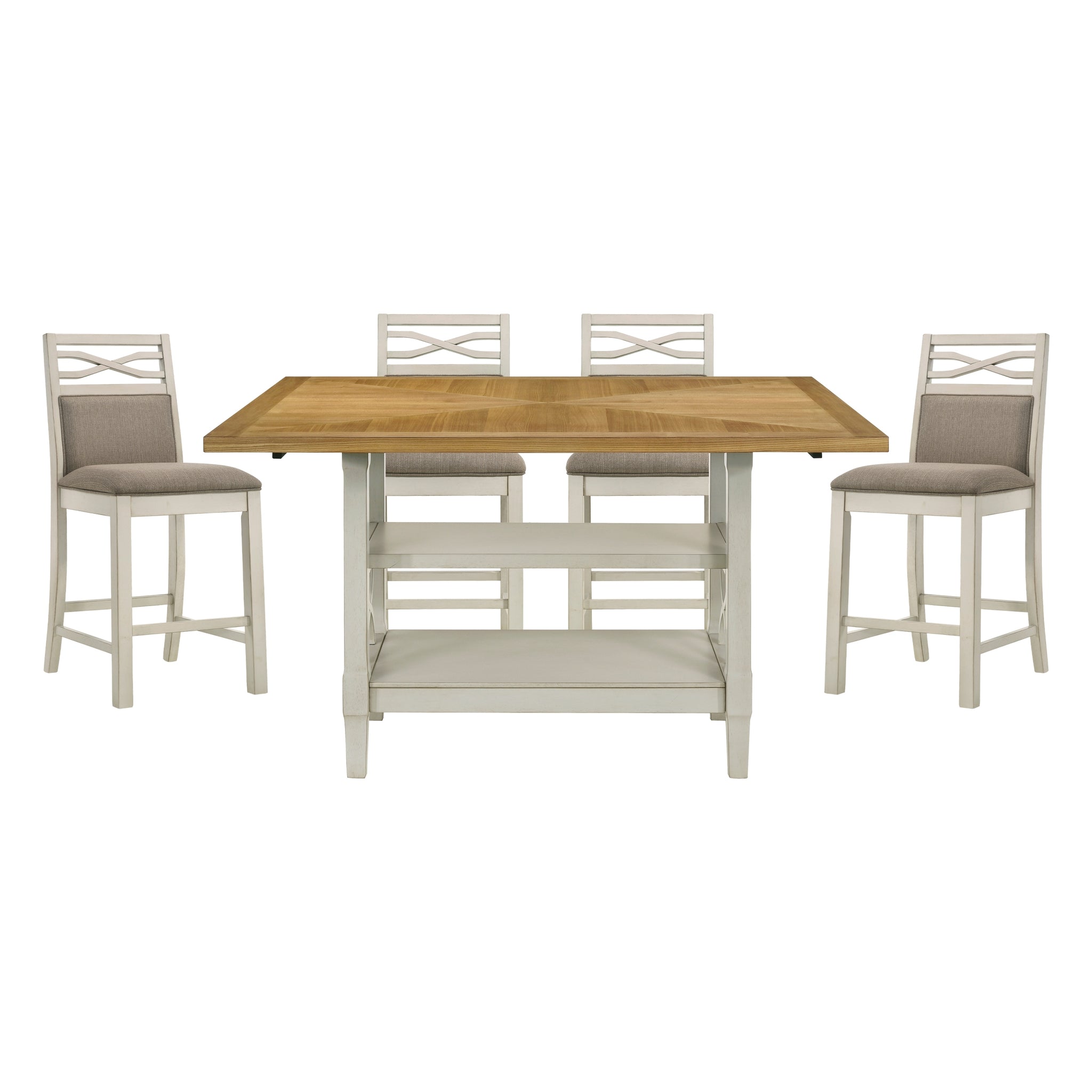 5Pc Dining Set Counter Height Table Base With 2 Shelves, 4 Upholstered Counter Height Chairs Light Oak And Gray Finish Casual Country Style Dining Wooden Kitchen Furniture Gray,Light Oak Seats 4 Dining Room Rectangular Wood