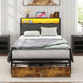 Twin Size Bed Frame Upholstered Platform Bed Frame With Storage Drawers, Usb Ports, Led Lights, Upholstered Wingback Headboard, Rustic Brown Box Spring Not Required Twin Antique Black Metal Brown