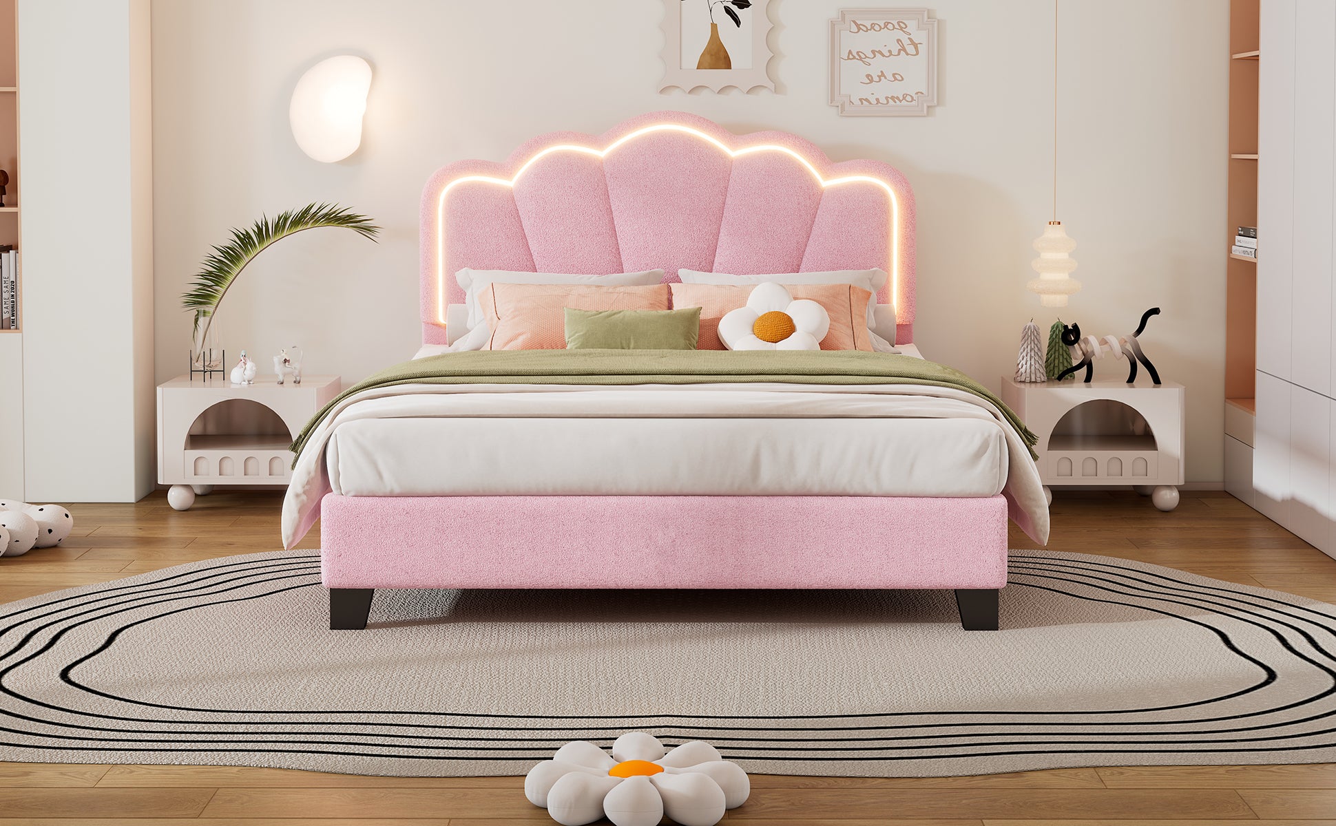 Full Size Upholstered Flower Shape Bed, Elegant Flowers Headboard With Led Light Strip ,Sherpa Fabric Platform Bed With Wooden Slats Support, Pink Full Pink Wood