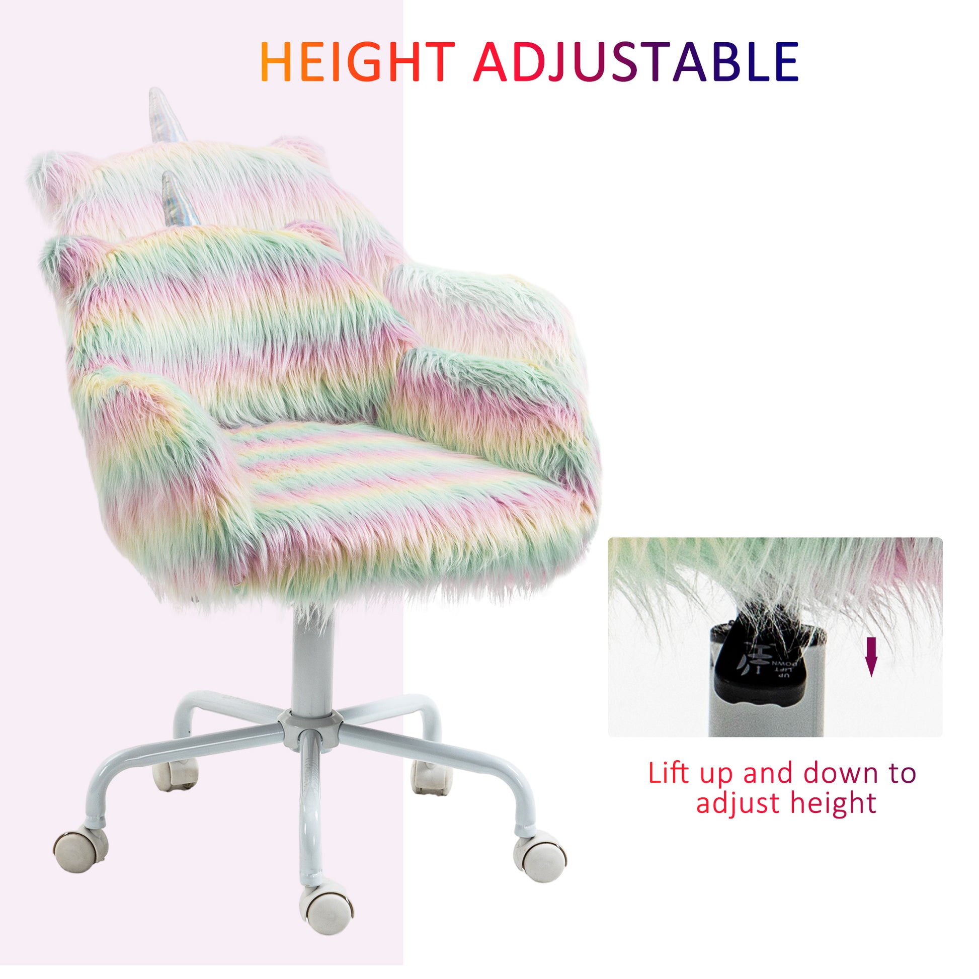 Homcom Fluffy Unicorn Office Chair With Mid Back And Armrest Support, 5 Star Swivel Wheel White Base, Rainbow Multicolor Faux Fur