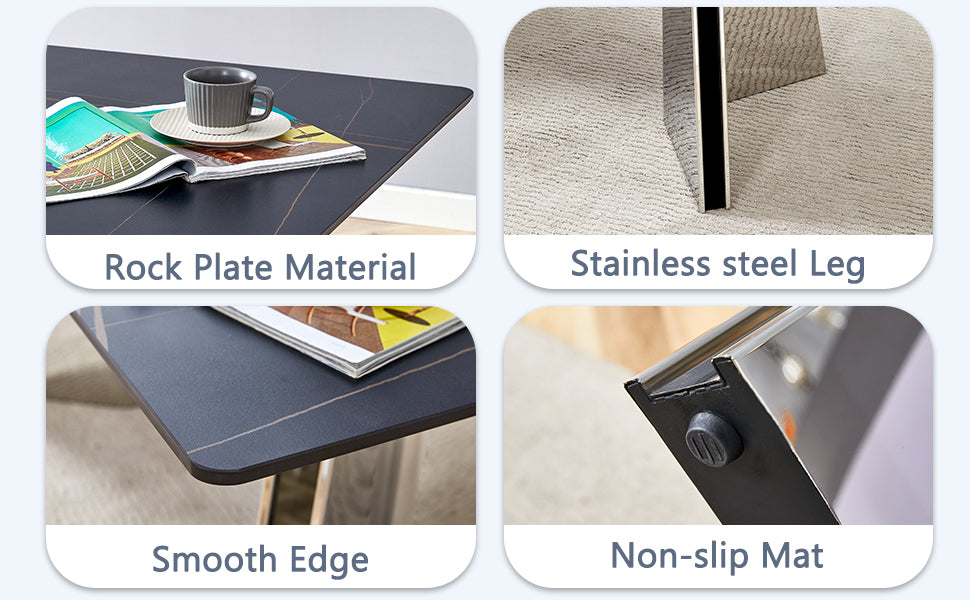 Table And Chair Set.63"X31.5X30" Black Marble Patterned Slabs Tabletop With Stainless Steel Butterfly Legs.Paried With 6 Light Gray High Quality Pu Chairs With Silver Metal Legs. Light Gray,Silver