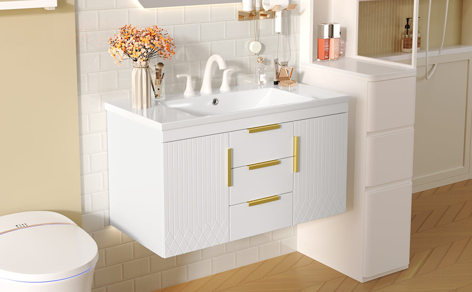 36'' Wall Mounted Bathroom Vanity With Resin Sink, Floating Bathroom Storage Cabinet With 2 Drawers, Solid Wood Bathroom Cabinet White Bathroom Modern Mdf