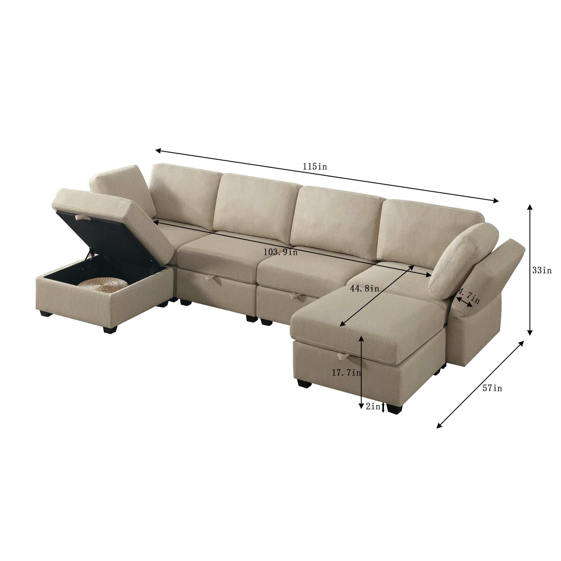 Adjustable Arms And Backs Modern U Shape Linen Couch Modular Sectional Sofa Couch With Storage Seat, Large Convertible Sofa With Reversible Chaise For Living Room Apartment Office, Beige Beige Polyester 4 Seat