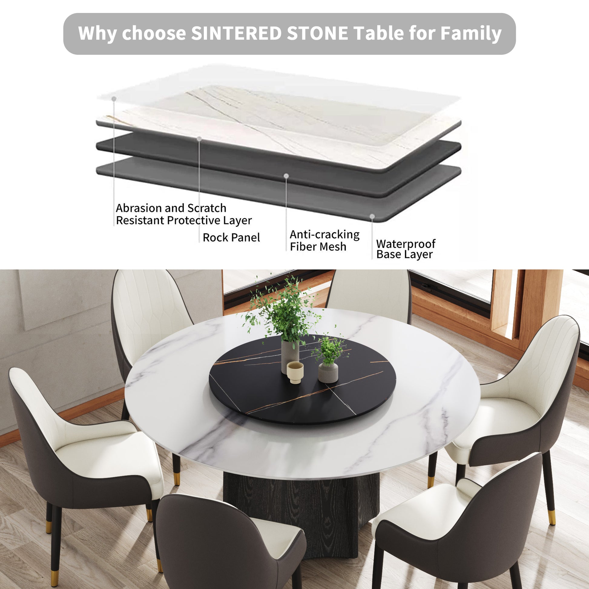 59.05" Round Marble Dining Table With Black Textured Solid Wood Base, Artificial Marble For 6 8 People, 31.5"Black Artificial Stone Turntable,White&Black Dining Table Only Black,White Dining Room