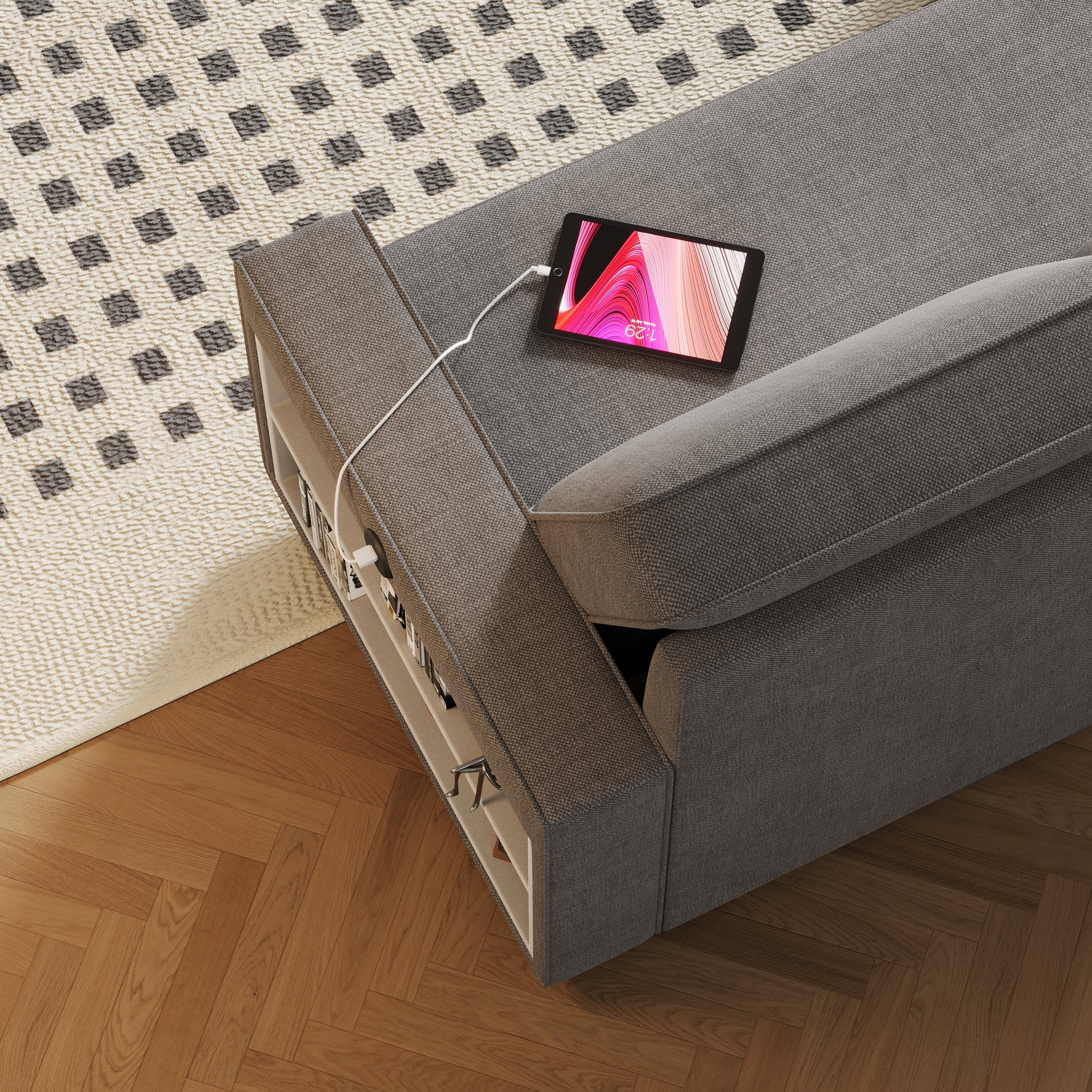 85.8" Pull Out Sleeper Sofa L Shaped Couch Convertible Sofa Bed With Storage Chaise And Storage Racks,With Usb Port And T Pyce Port Dark Grey Fabric 3 Seat