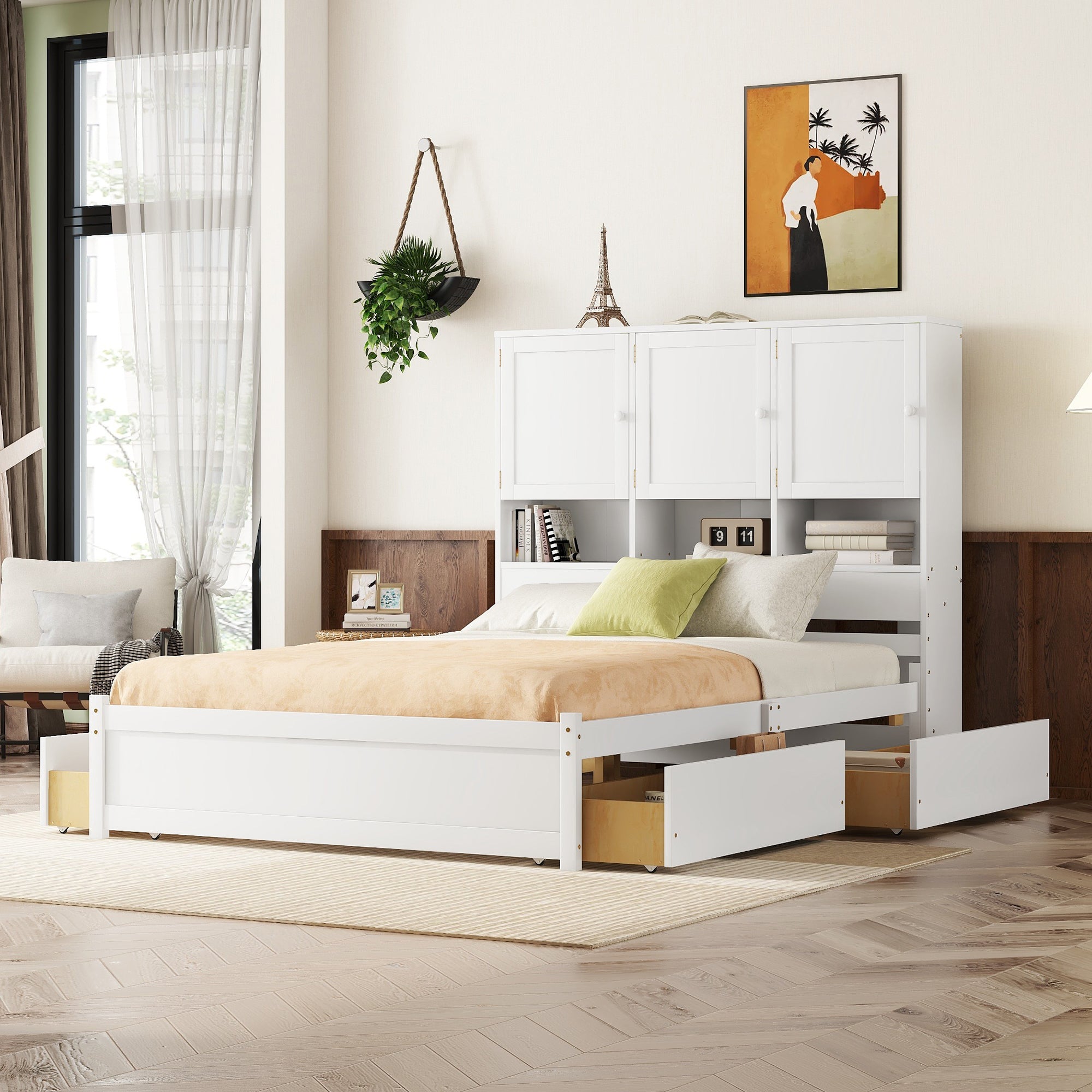 Queen Size Platform Bed With Storage Headboard And 4 Drawers, White Box Spring Not Required Queen White Wood Bedroom Bed Frame Solid Wood Mdf