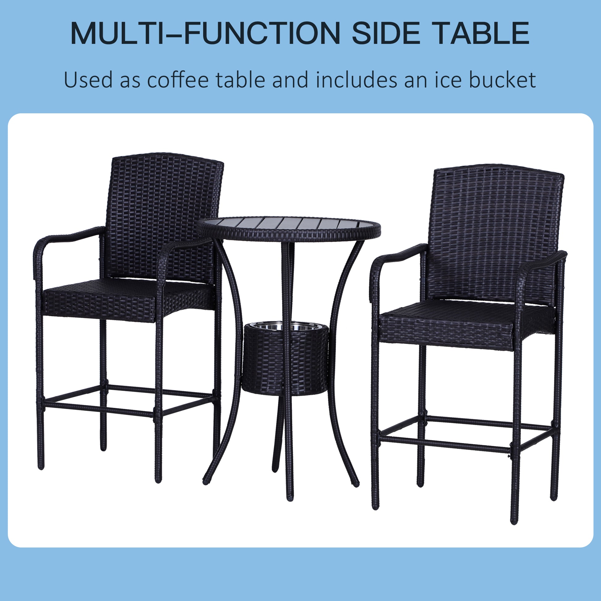 Outsunny Rattan Wicker Bar Set For 3 Pcs With Ice Buckets, Patio Furniture With 1 Bar Table And 2 Bar Stools For Poolside, Backyard, Porches Dark Brown Steel