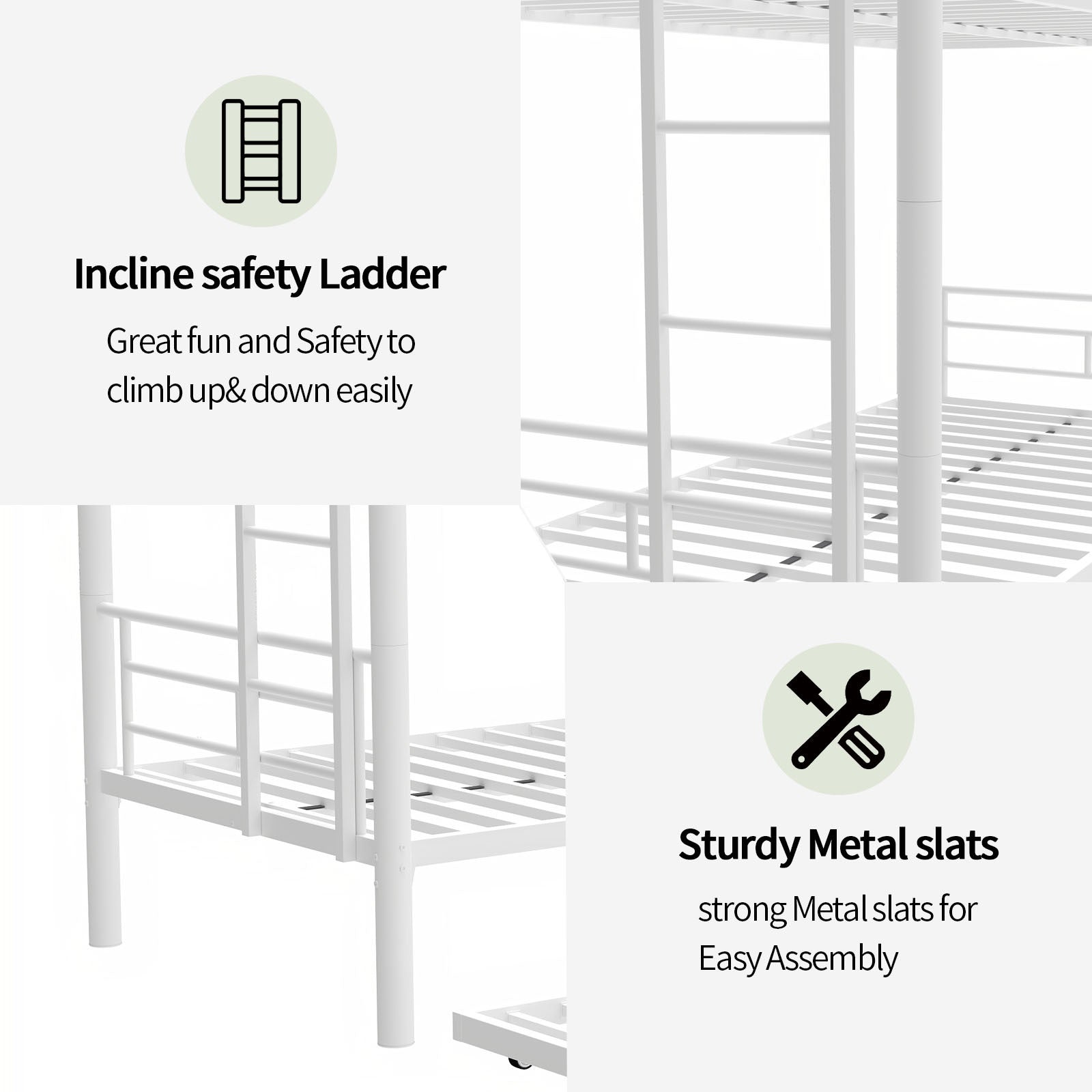 Heavy Duty Sturdy Meta Twin Over Twin With Trundle Bunk Bed L Noise Reduced Safety Guardrail No Box Spring Needed,White Box Spring Not Required Twin White Metal
