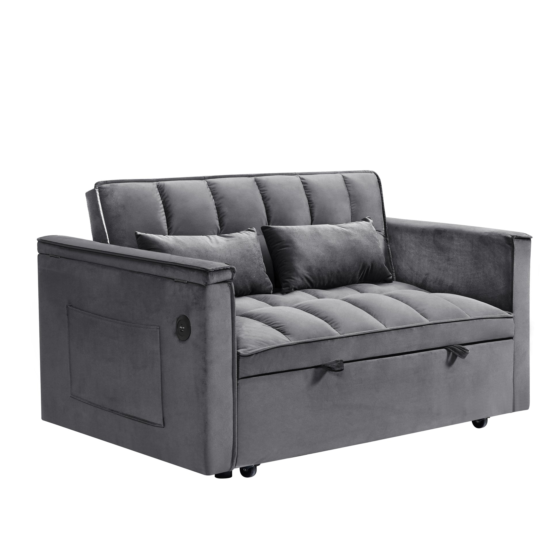 55.5 "3 In 1 Foldable Sofa Bed, Modern Velvet Double Sofa, Sofa Bed With Adjustable Back, Storage Bag And Pillow, Hidden Living Room Laptop Desk With Usb Port, Suitable For Living Room, Bedr Dark