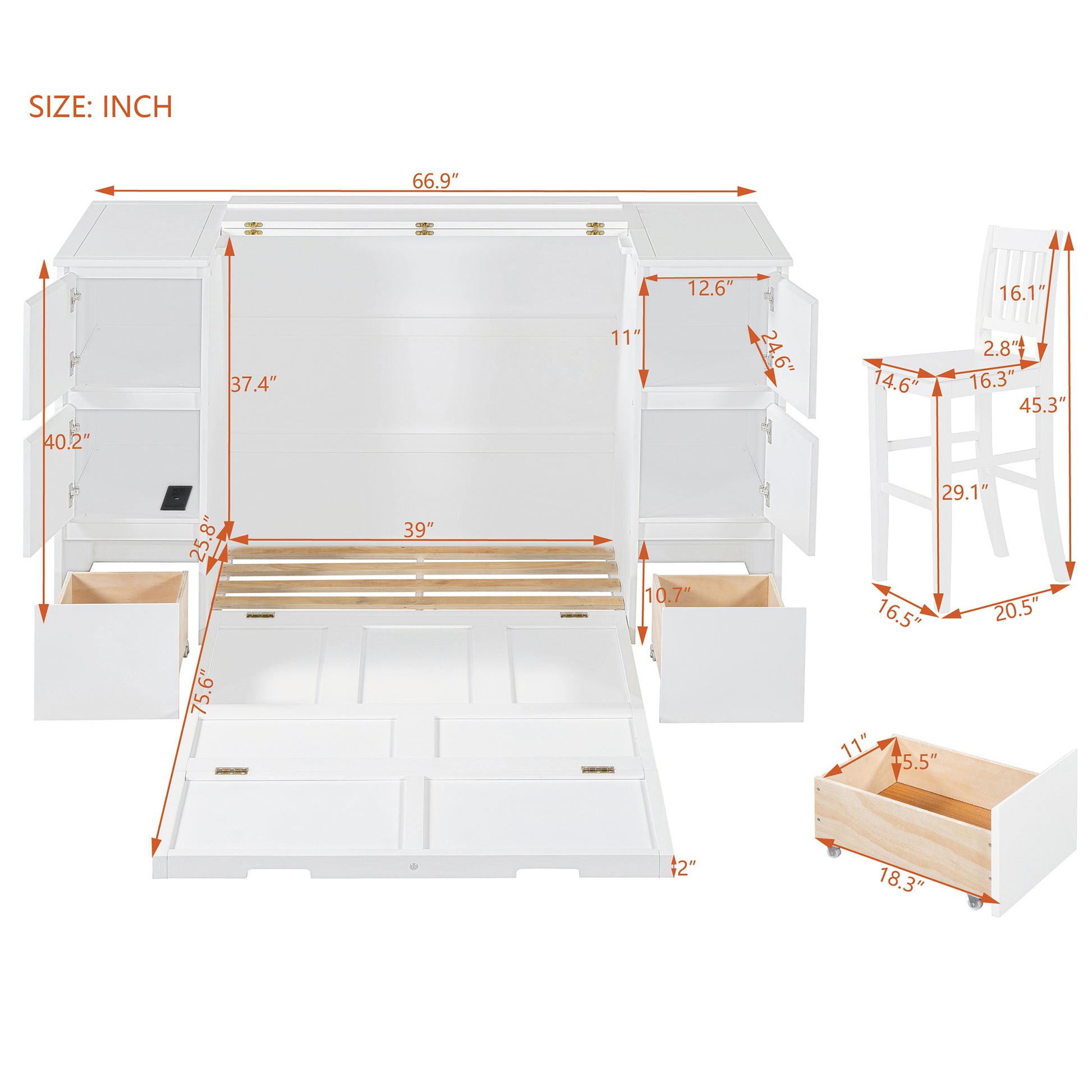 Twin Size Murphy Bed With Drawers, Cabinets And Usb Ports,White Twin White Mdf Lvl
