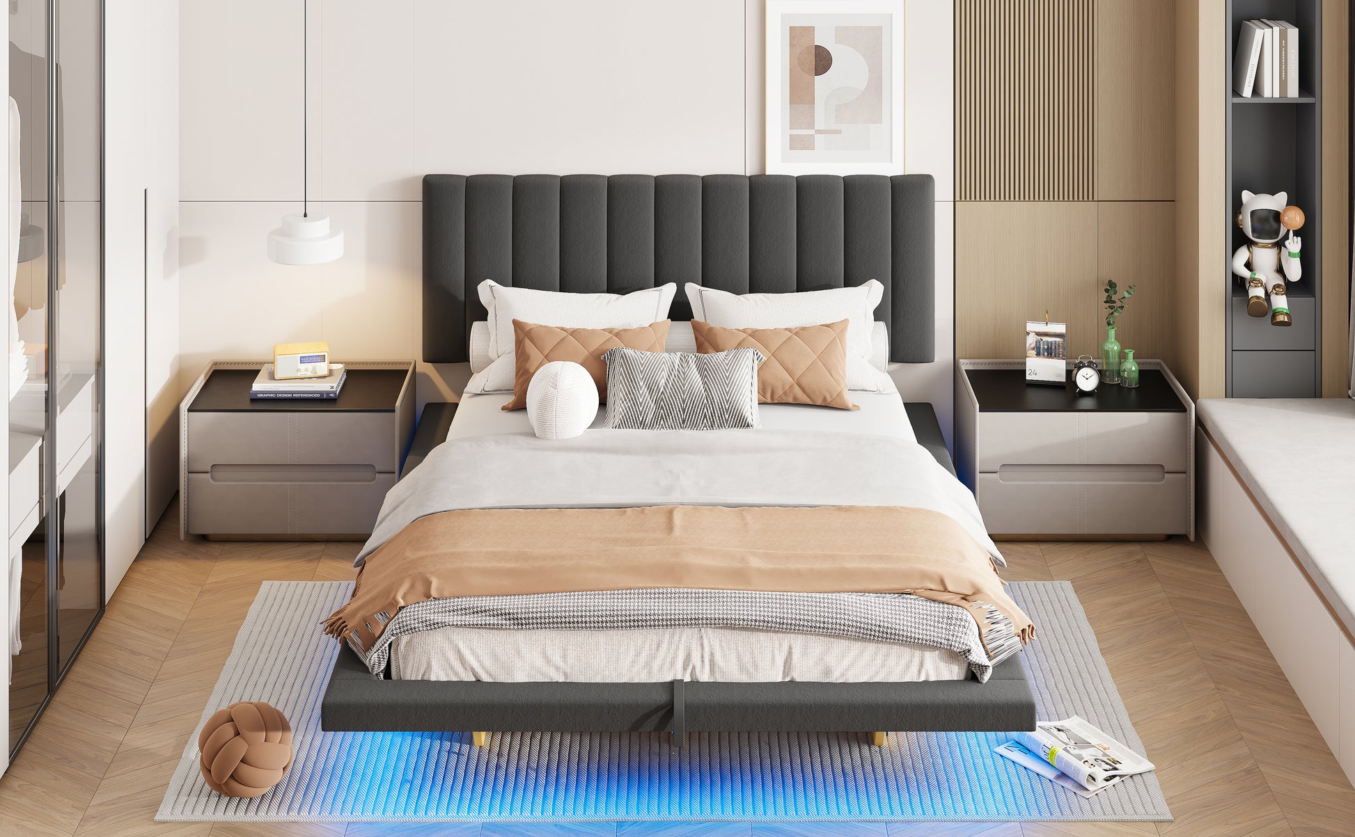 Queen Size Upholstered Floating Bed With Led Light And Usb Port, Velvet, Gray, Hydrualic Platform Bed Queen Gray Velvet