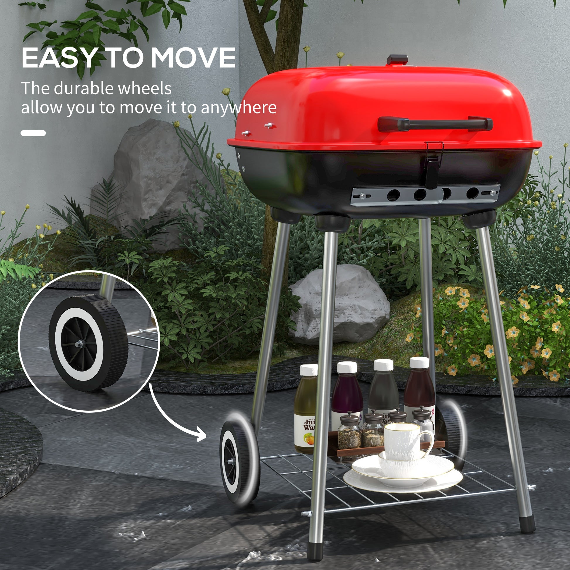Outsunny Portable Charcoal Grill With Bottom Shelf, Bbq Smoker With Wheels And Adjustable Vents On Lid For Picnic Camping Backyard Cooking, Black Red Steel