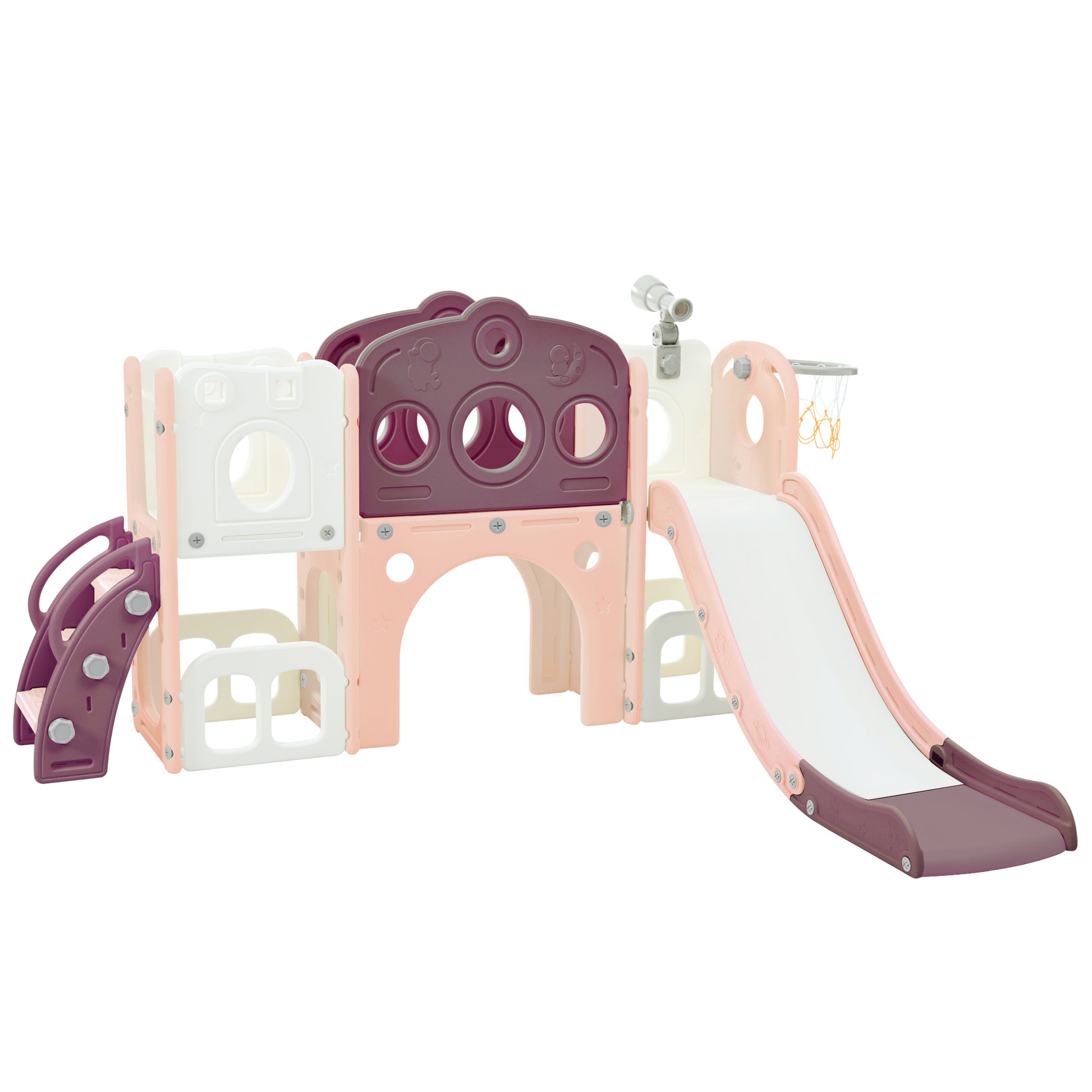 7 In 1 Toddler Slide Set, Freestanding Space Set With Slide, Kids Slide Playset Structure, Arch Tunnel And Basketball Hoop, Toy Storage Organizer For Toddlers, Kids Climbers Playground Purple 50 99 Lbs Cute 1 To 2 Years Hdpe Indoor & Outdoor Use