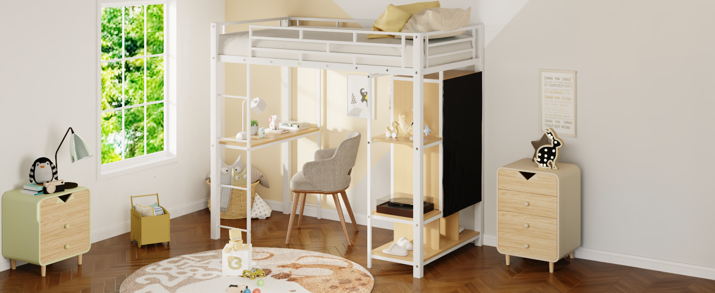 Twin Size Metal Loft Bed With Built In Wardrobe, Desk And Shelves, White Box Spring Not Required Twin White Metal Mdf Metal