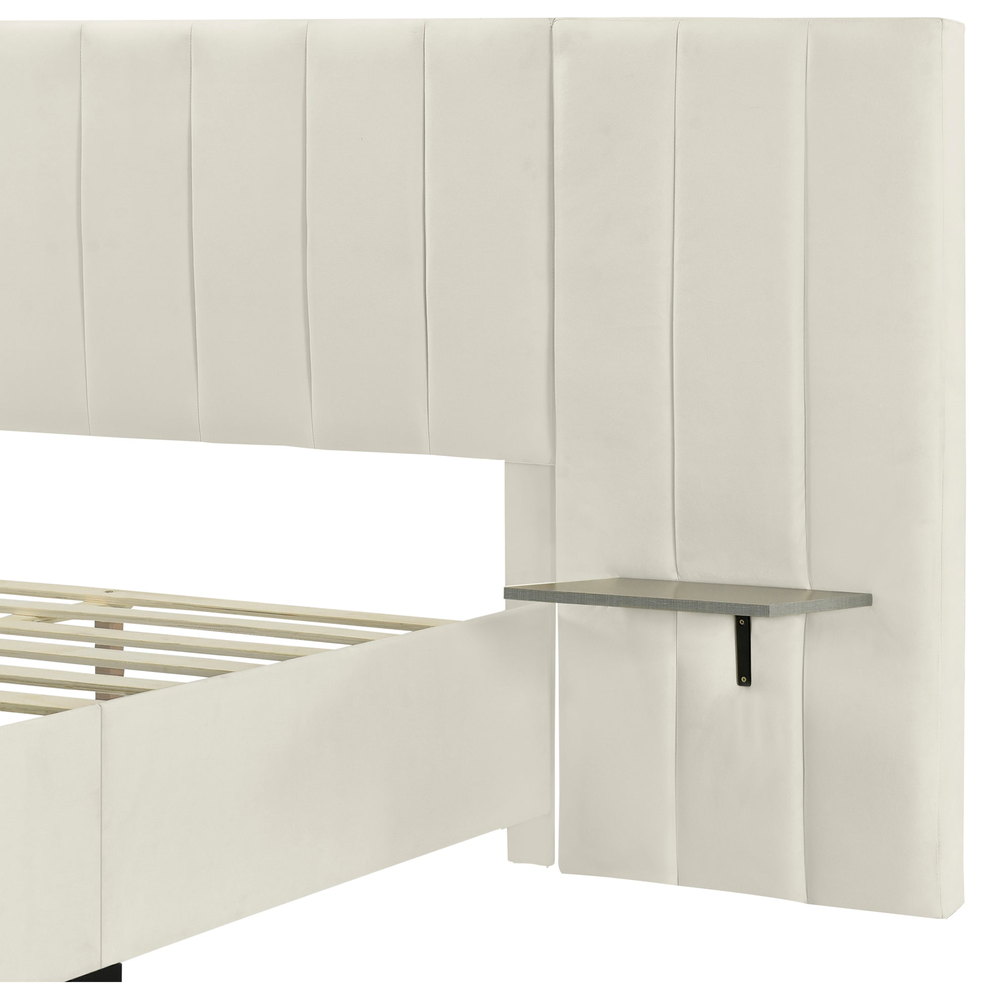 Full Size Upholstered Platform Bed With Big Headboard, Bedroom Furniture, Velvet, Beige Full Beige Plywood