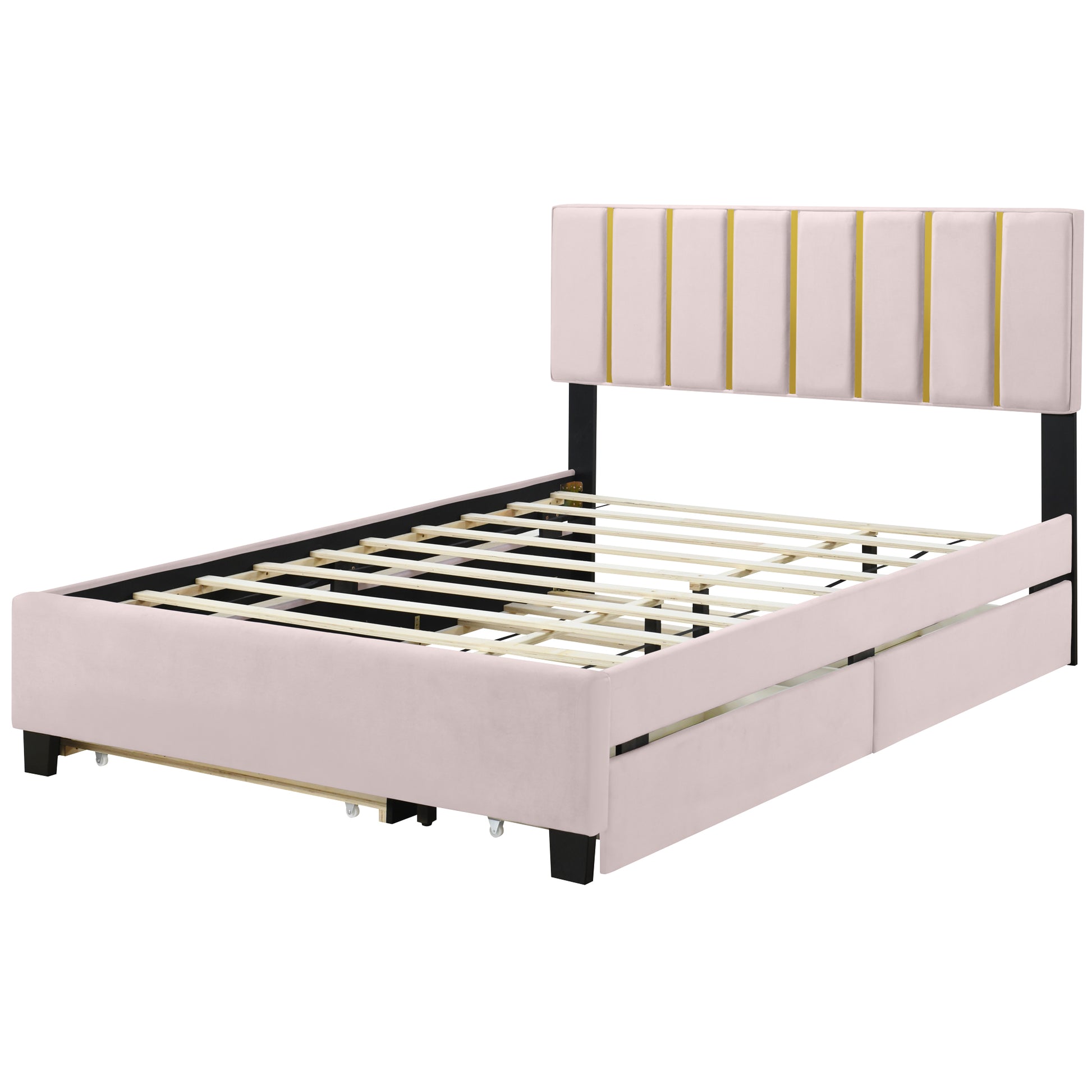 Queen Size Upholstered Platform Bed With 2 Drawers And 1 Trundle, Classic Metal Strip Headboard Design, Pink Queen Pink Mdf Lvl