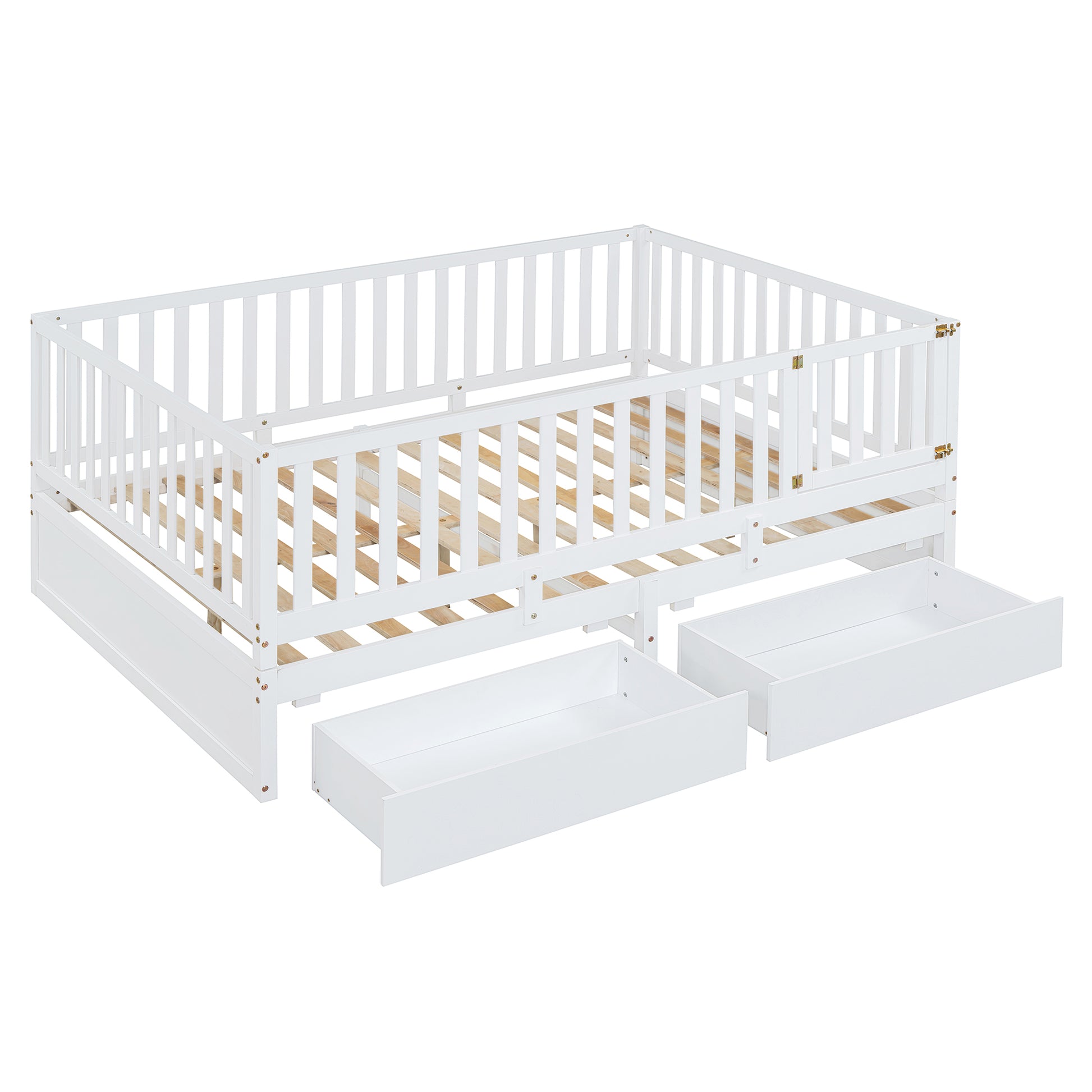Full Size Wood Daybed With Fence Guardrails And 2 Drawers, Split Into Independent Floor Bed & Daybed, White Old Sku :Lp000882Aak Full White Solid Wood Mdf