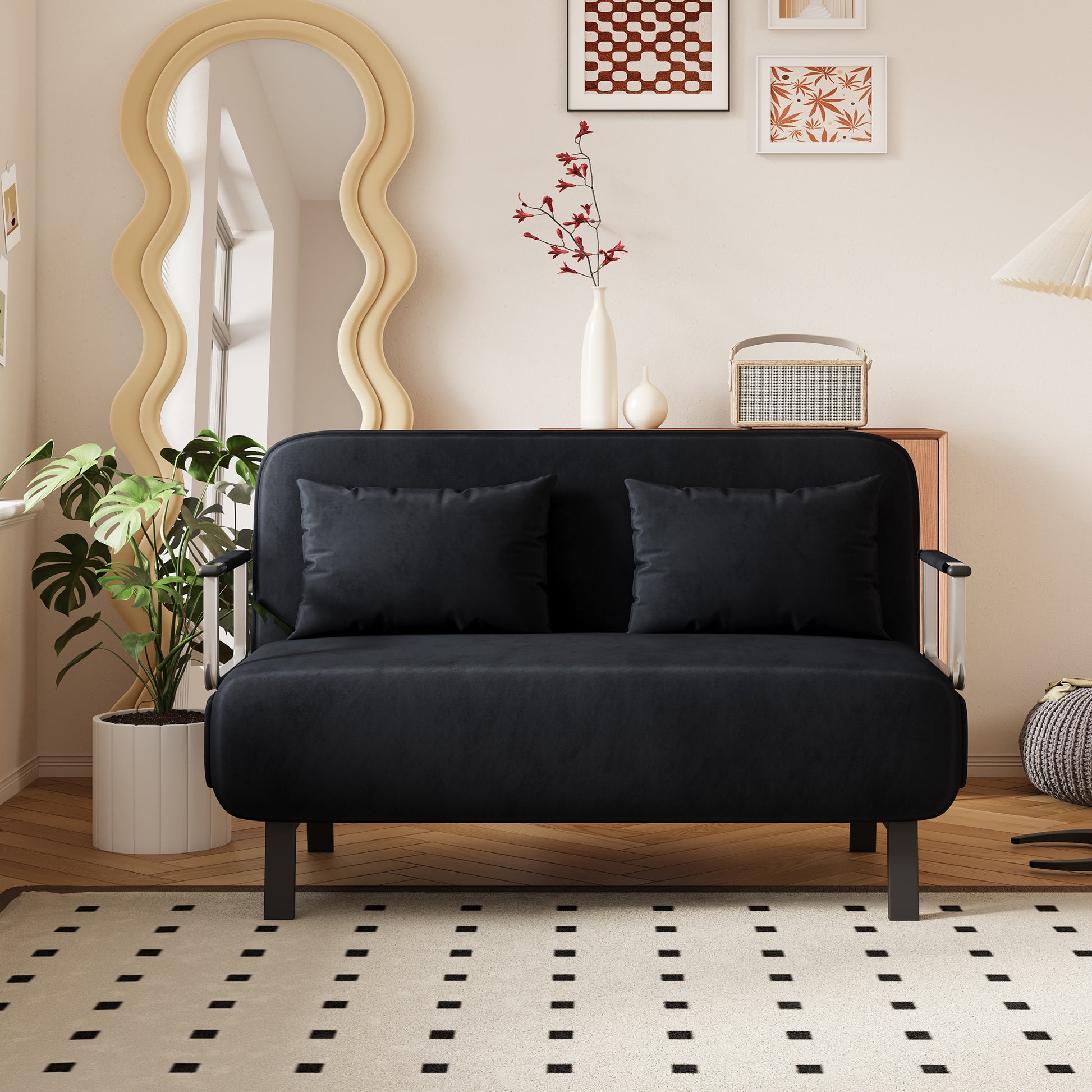 39 Convertible Chair Bed, Tri Fold Sofa Bed With Adjustable Backrest & Pillow, Leisure Chaise Lounge Couch With Sturdy Steel Frame For Home & Office, Comfortable Sleeper Chair Black Black Velvet Primary Living Space Medium Firm Contemporary Polyurethane