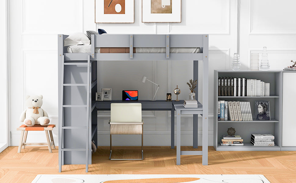 Full Size Loft Bed With Desk And Shelf Gray Full Gray Solid Wood
