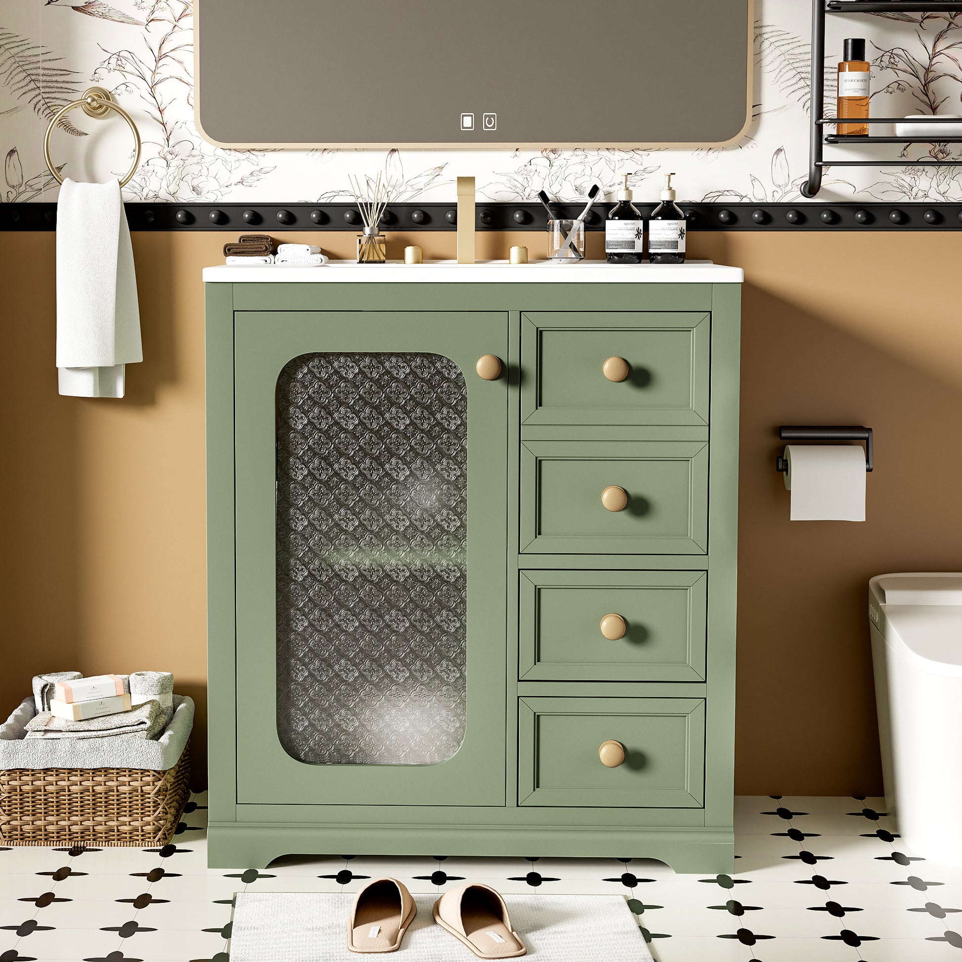 30 Inch Bathroom Vanity With A Soft Close Glass Door, Adjustable Shelves, And Three Drawers Green Bathroom Solid Wood Mdf Glass