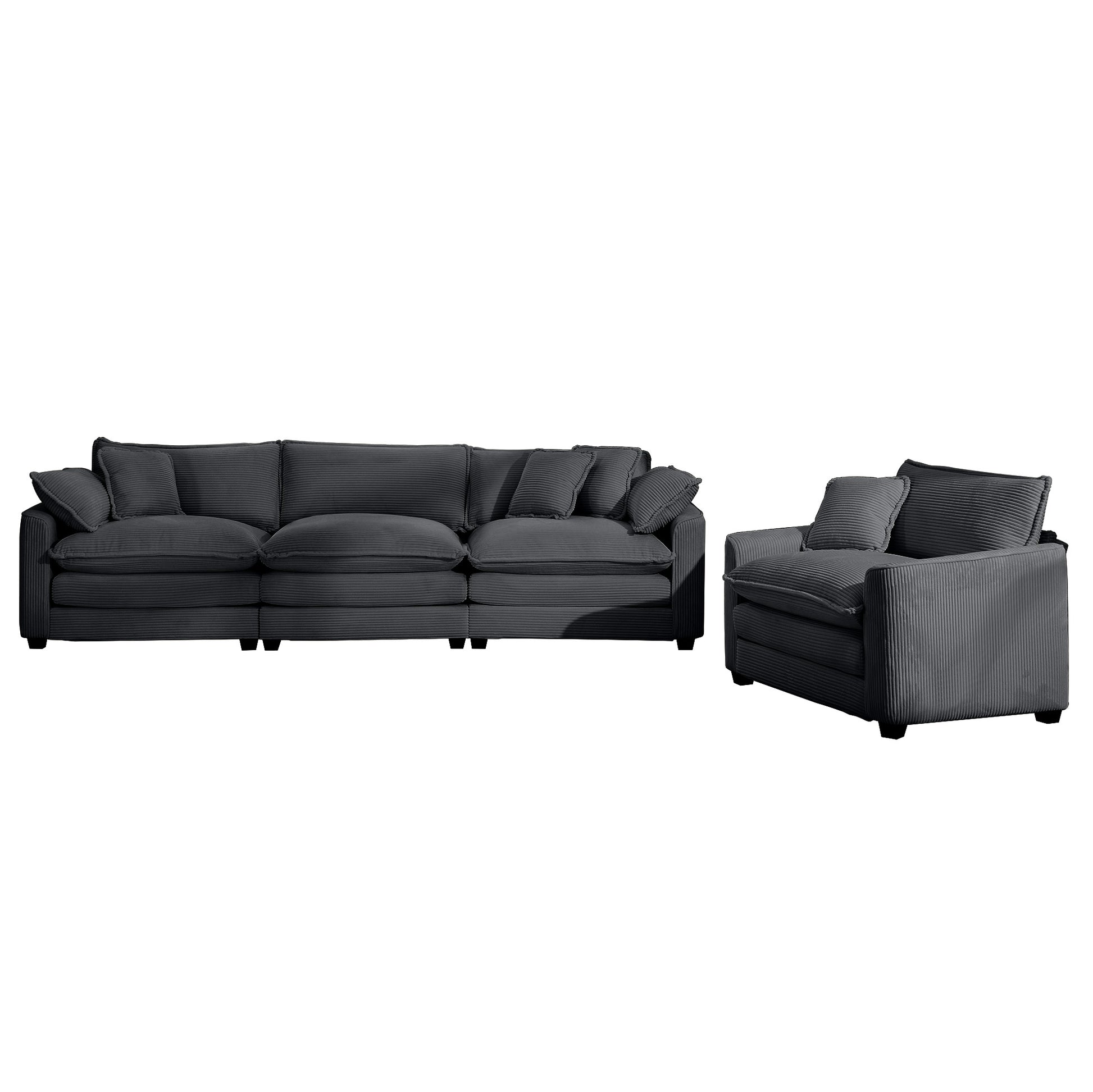 Mid Century Modern Sectional Set Of Two, One 3 Seater Sectional And One Single Seater Sectional With 2 Arm Pillows And 4 Throw Pillows, Living Room Sectional Grey Corduroy Fabric Grey Corduroy 4 Seat