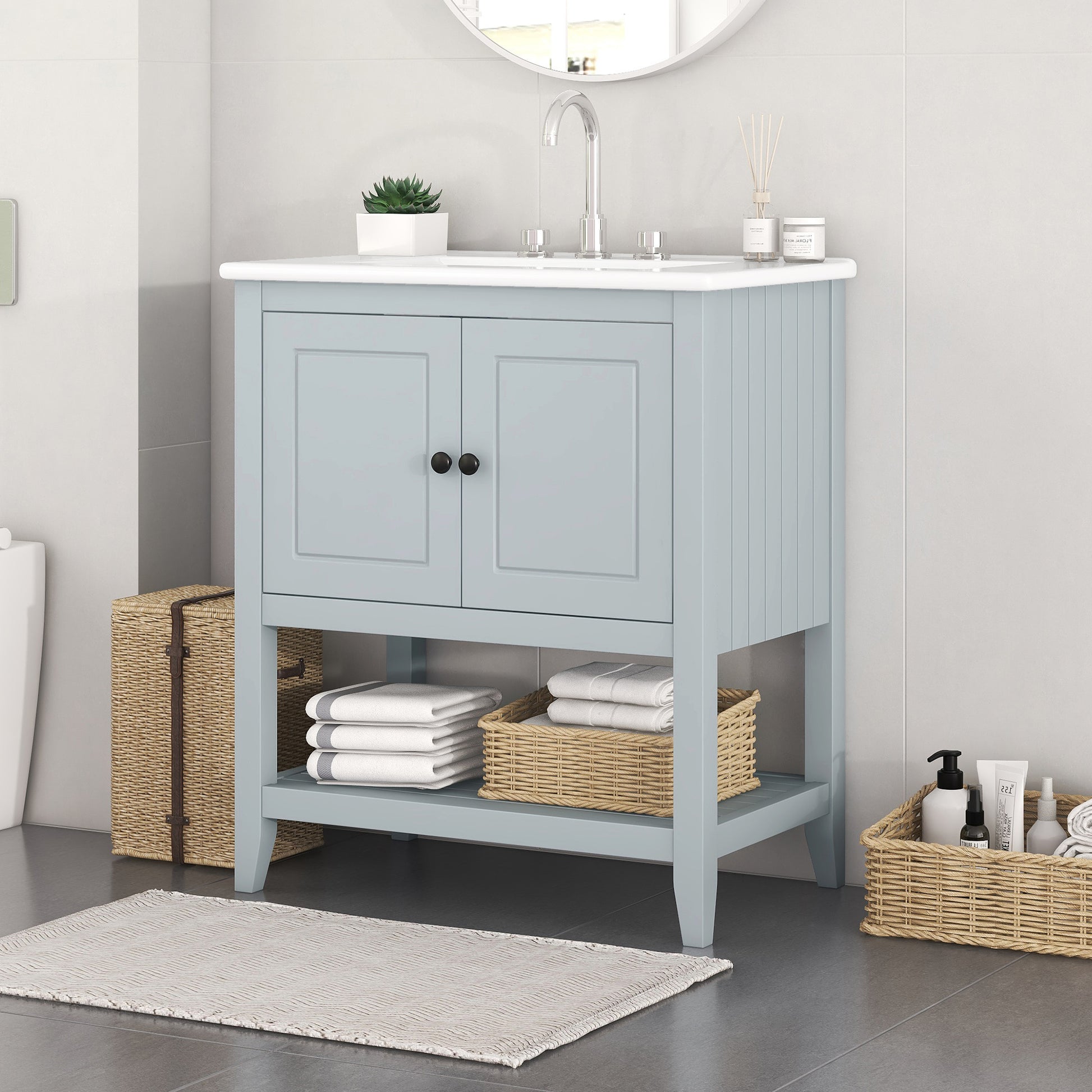 30" Gray Modern Sleek Bathroom Vanity Elegant Ceramic Sink With Solid Wood Frame Open Style Shelf & Door Shelf Design Gray Solid Wood