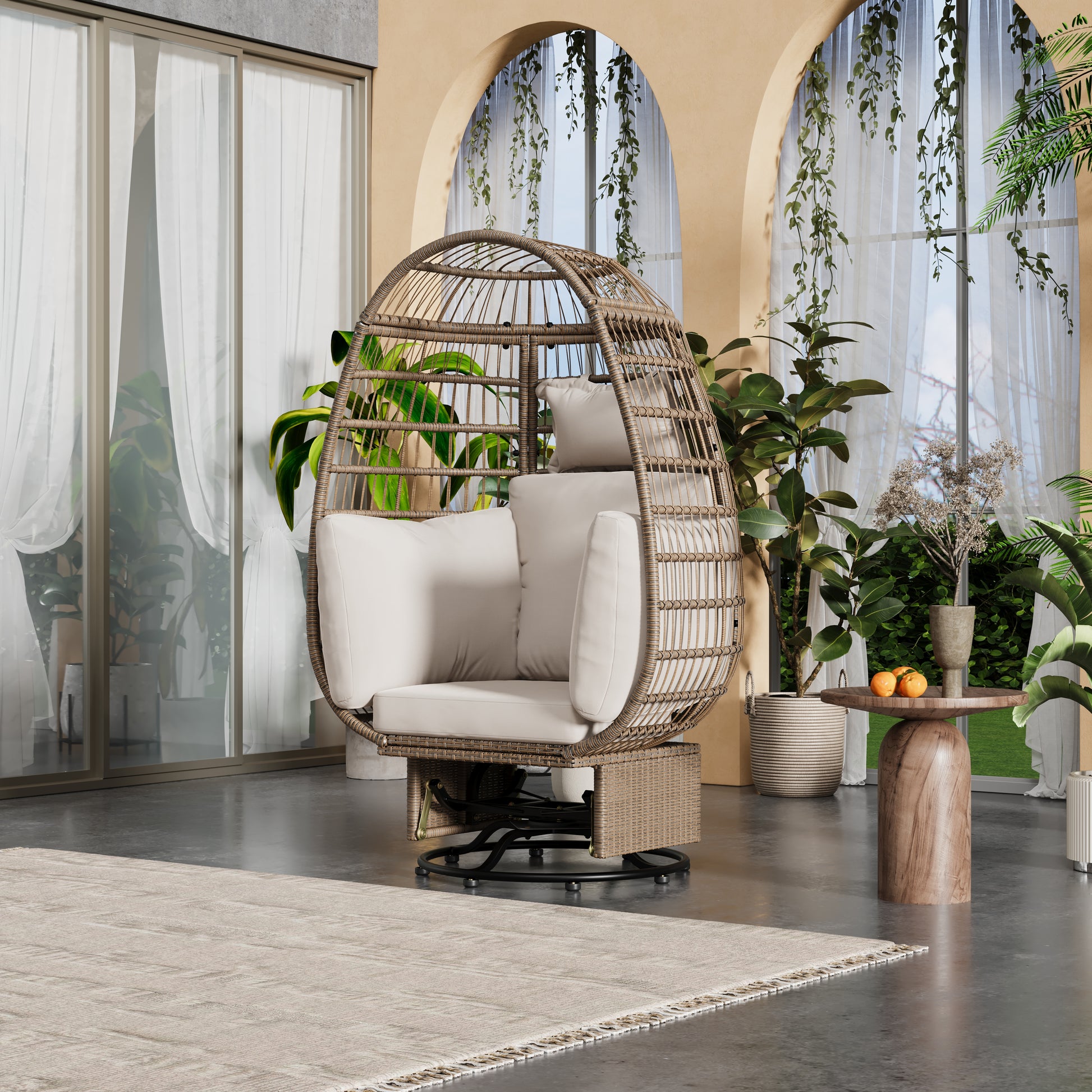 Outdoor Swivel Chair With Cushions, Rattan Egg Patio Chair With Rocking Function For Balcony, Poolside And Garden Natural Wicker Beige Cushion Natural Beige Wicker