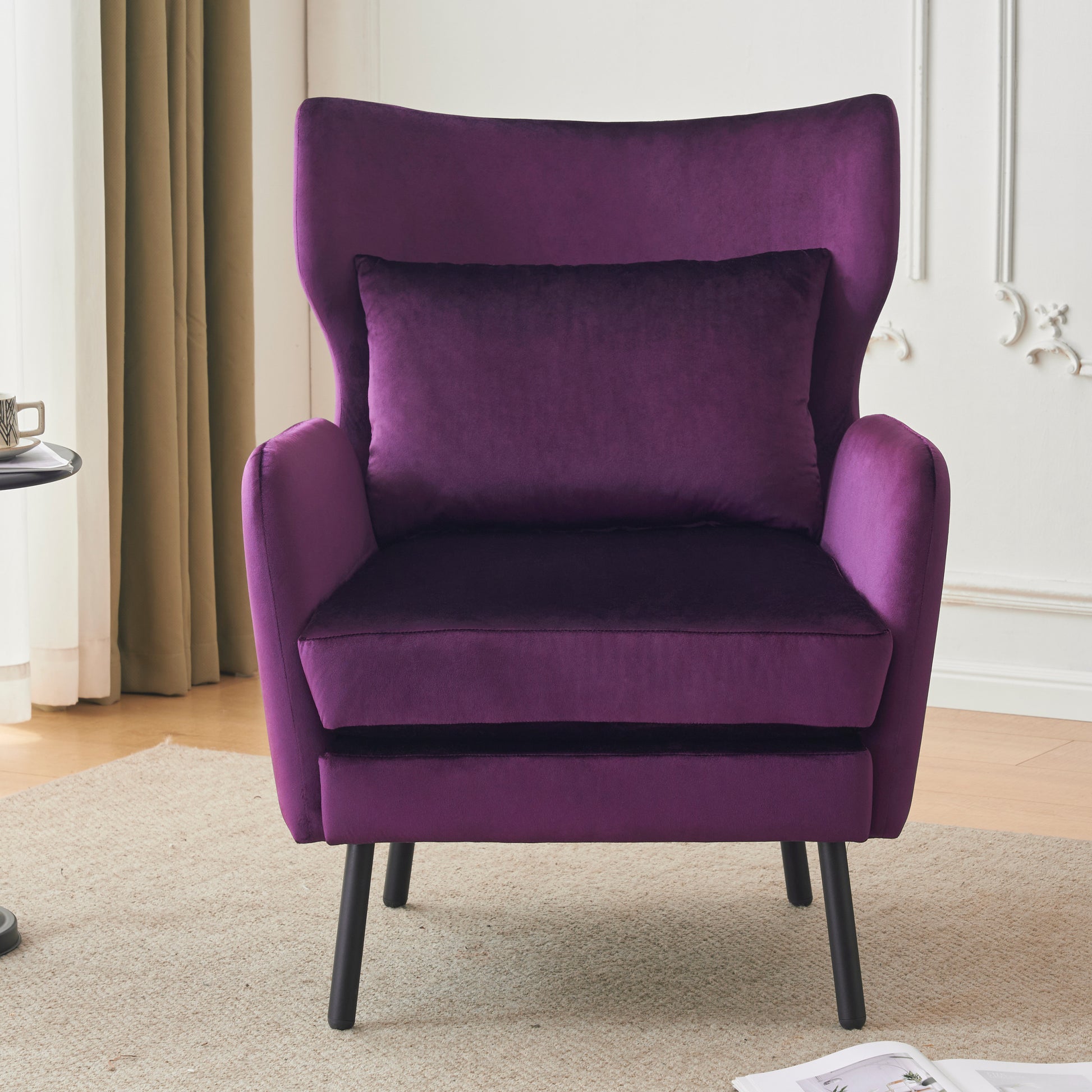 Wing Back Velvet Accent Chair, Modern Living Room Armchair Comfy Upholstered Single Sofa Chair For Bedroom Dorms Reading Reception Room With Metal Legs & Pillow, Purple Purple Velvet