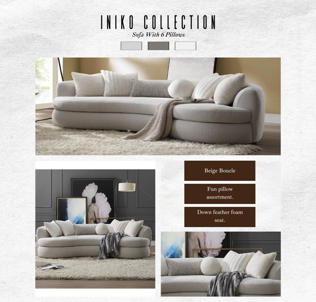 Iniko Sofa W 6 Pillows, Beige Boucle Lv02542 Beige Upholstered 3 Seat