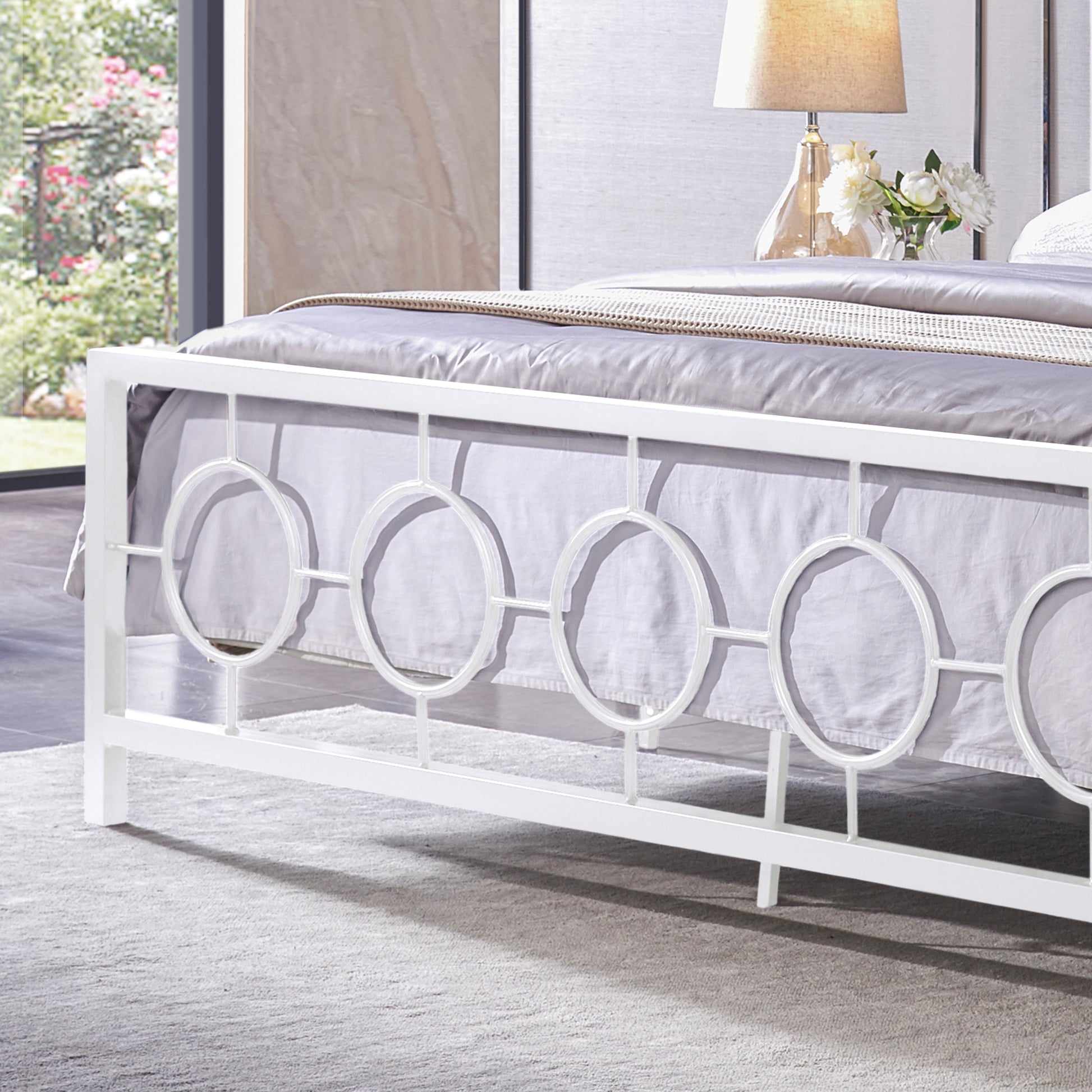 King Size Classical Metal Bed Frame With Circular Design Headboard And Footboard, Under Bed Space, White King White Iron