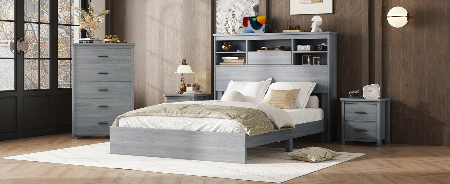 4 Pieces Bedroom Sets Queen Size Vintage Wooden Bed Frame With 2 Nightstands And 1 Dresser,Light Gray Box Spring Not Required Queen Light Gray 4 Piece Set American Traditional Solid Wood Mdf