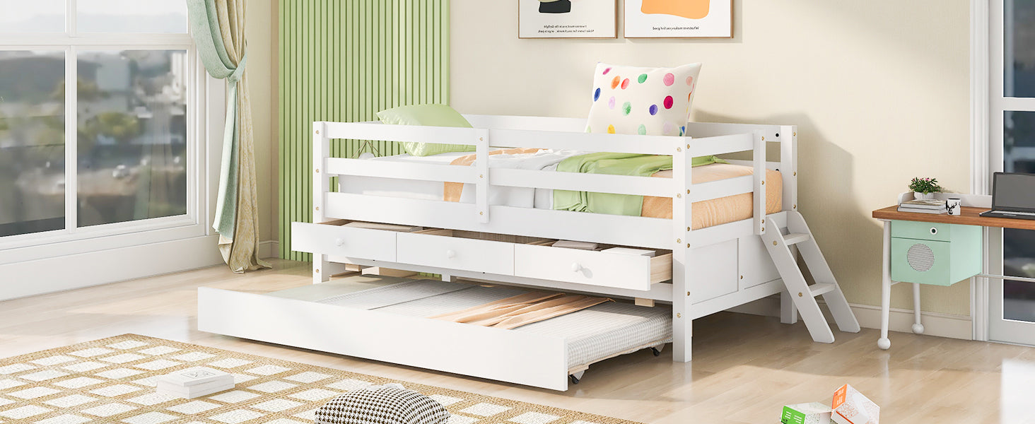 Low Loft Bed Twin Size With Full Safety Fence, Climbing Ladder, Storage Drawers And Trundle White Solid Wood Bed White Solid Wood