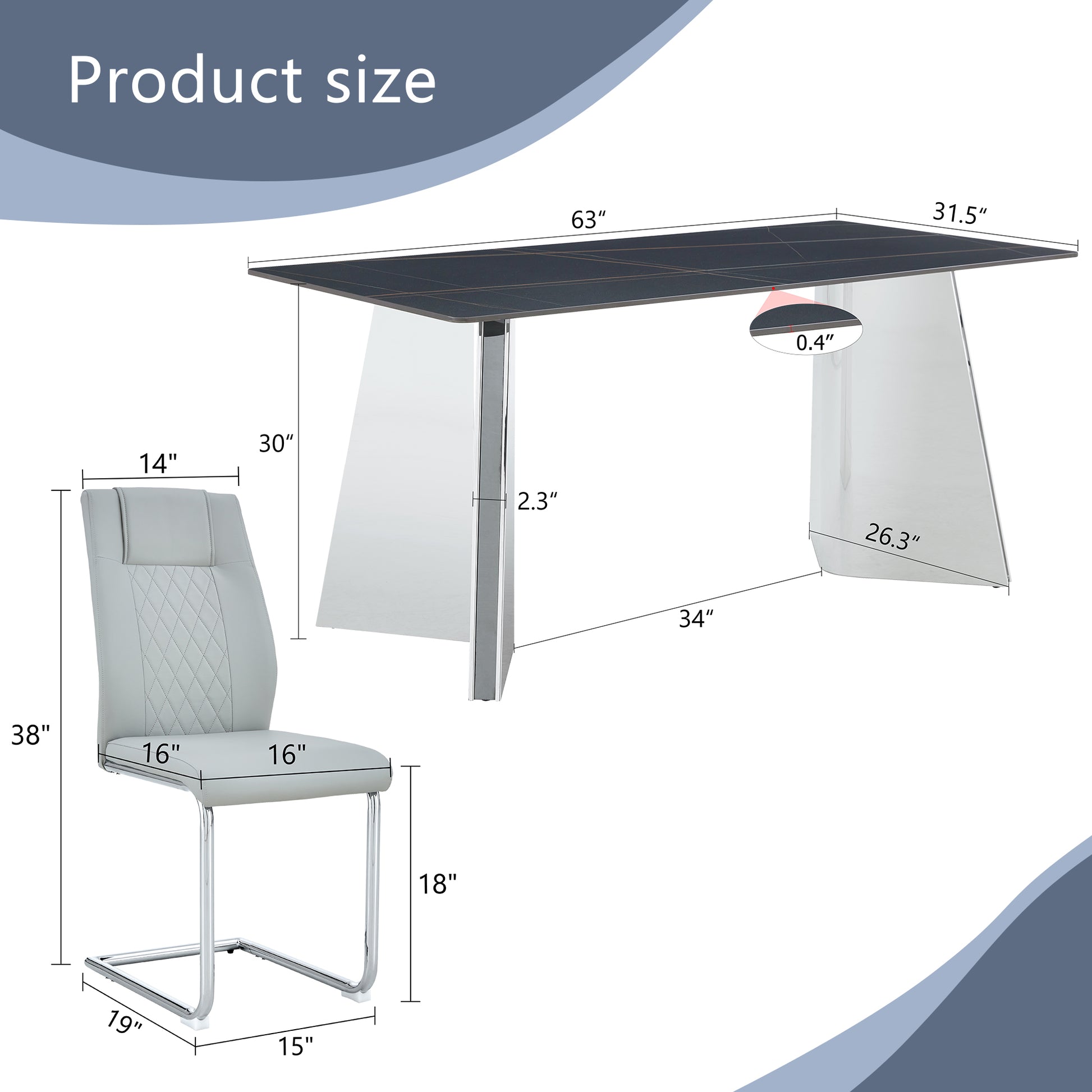 Table And Chair Set.63"X31.5X30" Black Marble Patterned Slabs Tabletop With Stainless Steel Butterfly Legs.Paried With 6 Light Gray High Quality Pu Chairs With Silver Metal Legs. Light Gray,Silver