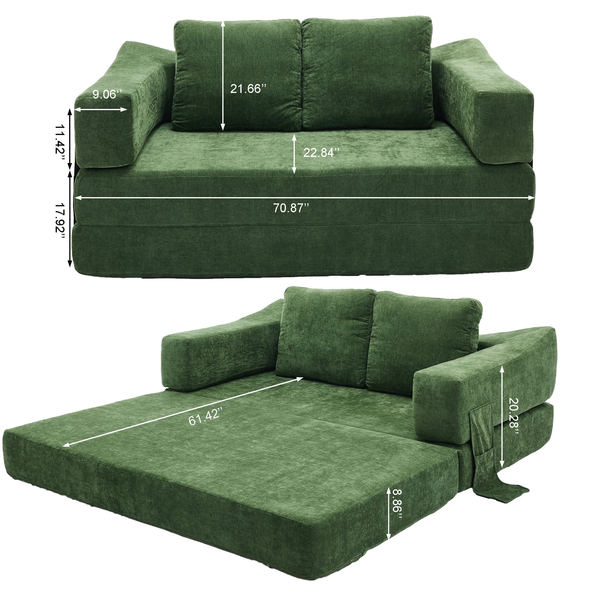 Modern Minimalist Sofa, Fold Out Sofa Bed, Convertible Chair Floor Couch & Sleeping Mattress For Living Room, Bedroom, Apartment, Removable Backrest, Green Green Chenille Soft Vintage Chenille 2 Seat