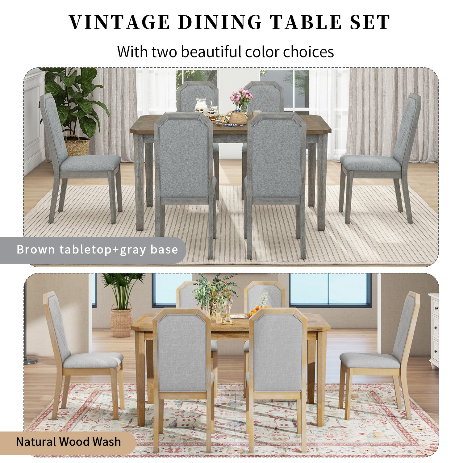 7 Piece Farmhouse Dining Set Classic Rustic Table And 6 High Back Design Chairs For Dining Room, Kitchen Brown Gray Brown Gray Solid Wood Mdf