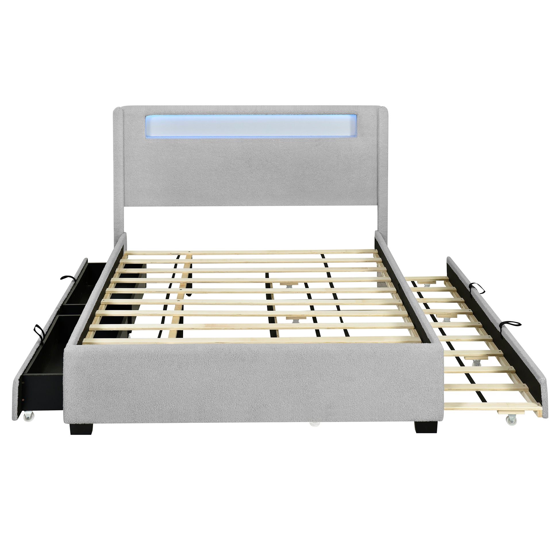 Queen Size Upholstered Platform Bed With Led Frame, With Twin Xl Size Trundle And 2 Drawers, Teddy Fleece, Gray Gray Fleece