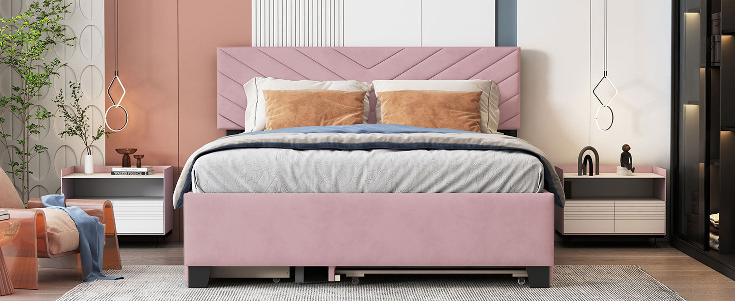 Queen Size Upholstered Platform Bed With Twill Headboard, Pullout Bed And Two Drawers, Flannel,Pink Queen Pink Mdf Lvl
