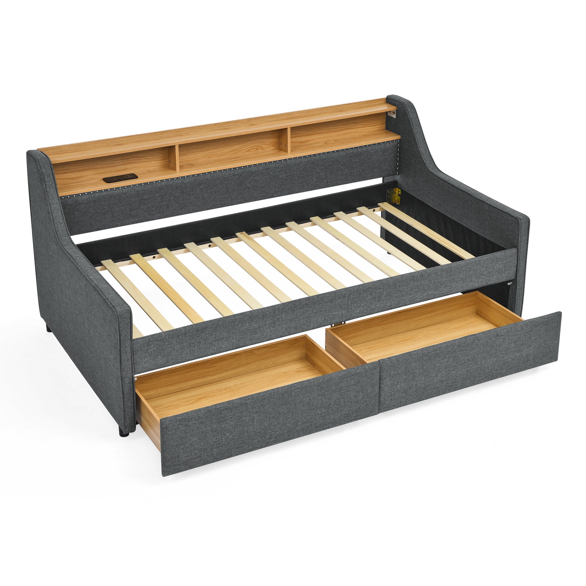 Twin Size Upholstery Sofa Bed With Three Led Lights, With Storage Adjustable Headboard, With Two Storage Pull Up Drawers And Wireless Charging, Linen Padded Sofa Bed Frame, Grey Box Spring Not Required Twin Grey Composite Bedroom Classic Eucalyptus Foam