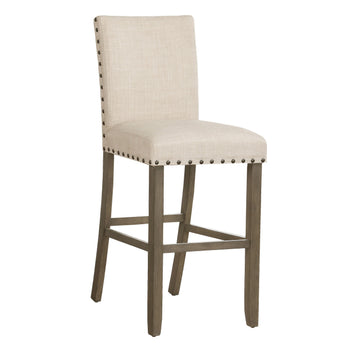 Lok 30 Inch Wood Barstool, Set Of 2, Trim, Padded Seating, Beige Beige Brown Solid Wood
